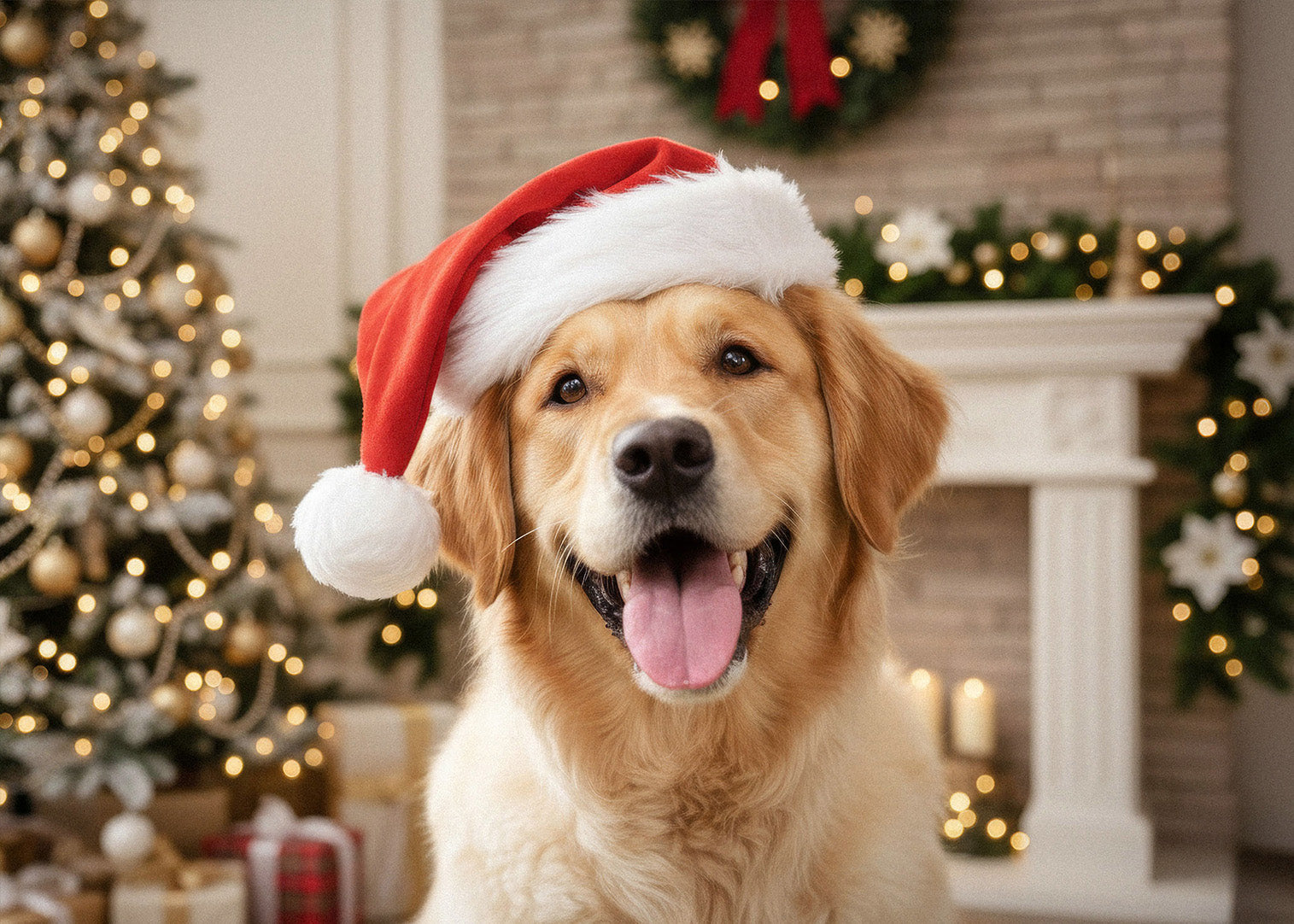 A close-up custom pet portrait of a happy Golden Retriever wearing a Santa hat. High-quality Christmas dog art by YOUNI.ONE, available for digital download.