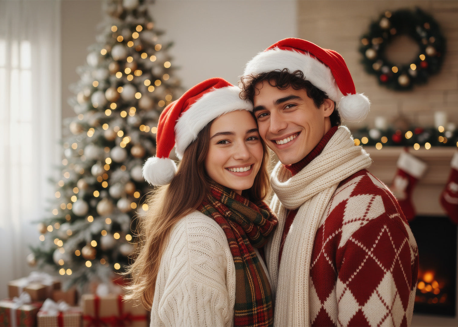 A romantic and festive custom couple portrait with dog, created by YOUNI.ONE. The couple and their pet are wearing Christmas hats, perfect for a personalised holiday gift.