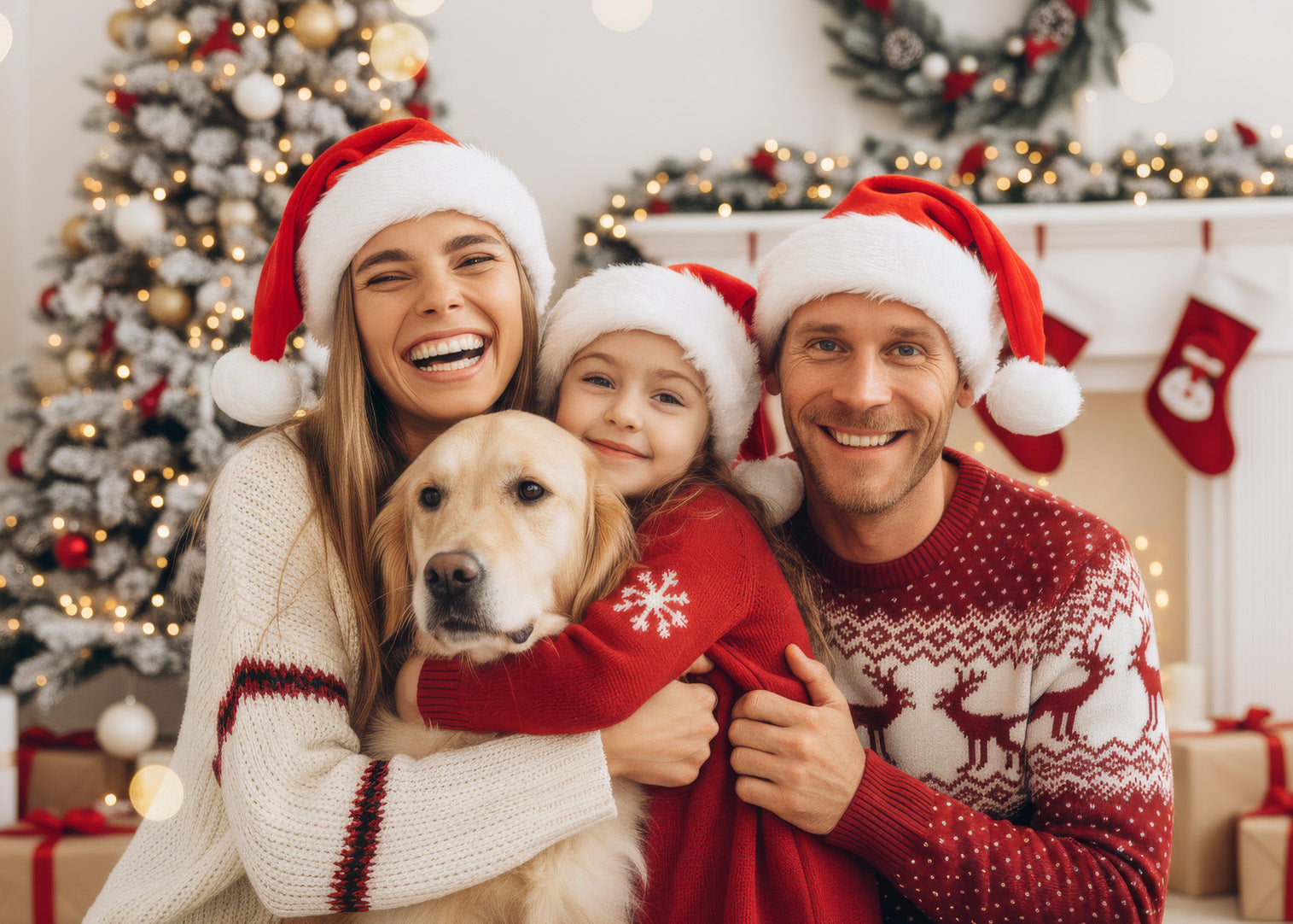 A heartwarming custom family Christmas portrait featuring parents, a daughter, and their golden retriever dog. Designed by YOUNI.ONE as a Digital Art Pack for holiday cards.