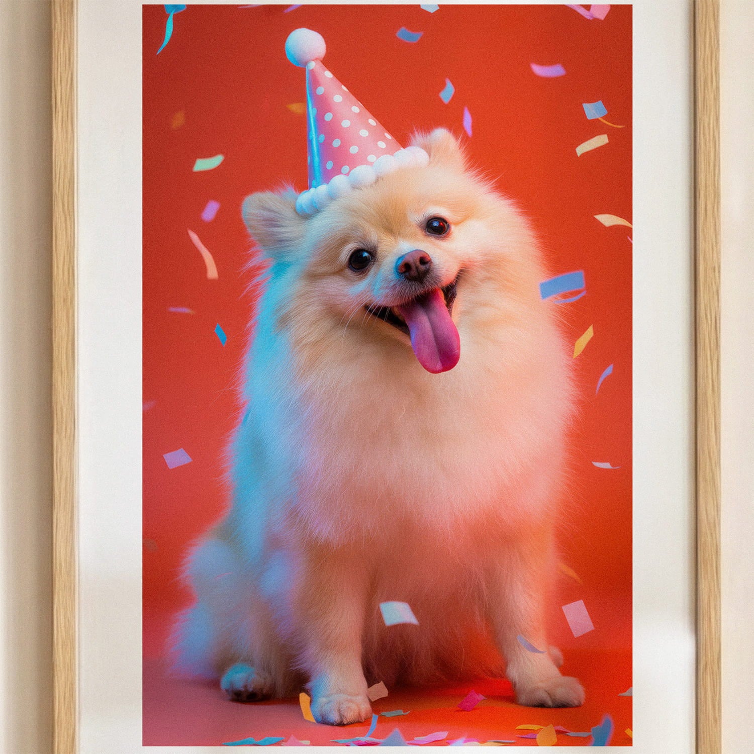 A gallery-quality bespoke framed pet art portrait by YOUNI.ONE, transformed from an everyday photo. Custom pet art commission in a classic wood frame, creating a premium modern heirloom for home decor.