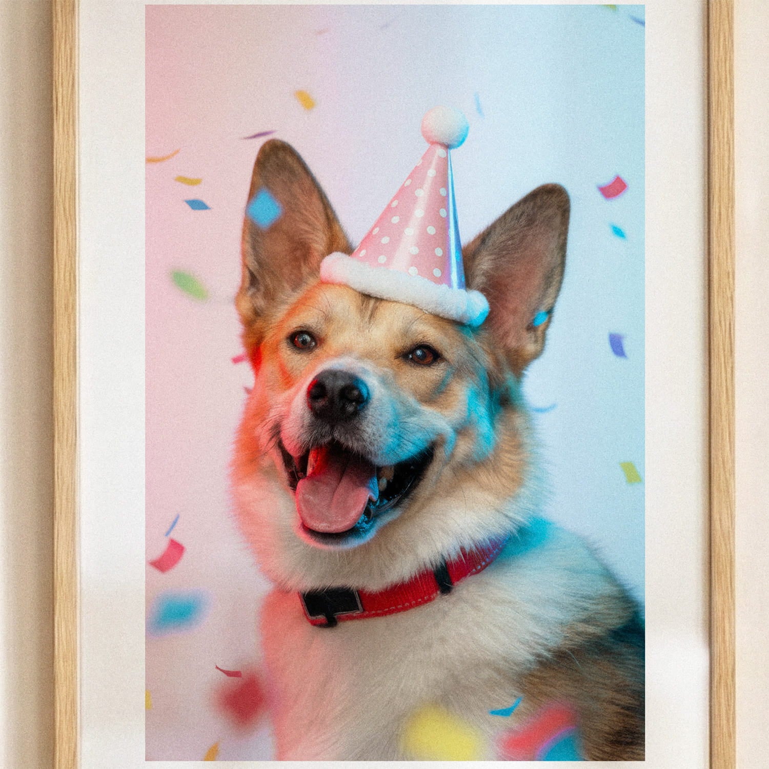A gallery-quality bespoke framed pet art portrait by YOUNI.ONE, transformed from an everyday photo. Custom pet art commission in a classic wood frame, creating a premium modern heirloom for home decor.