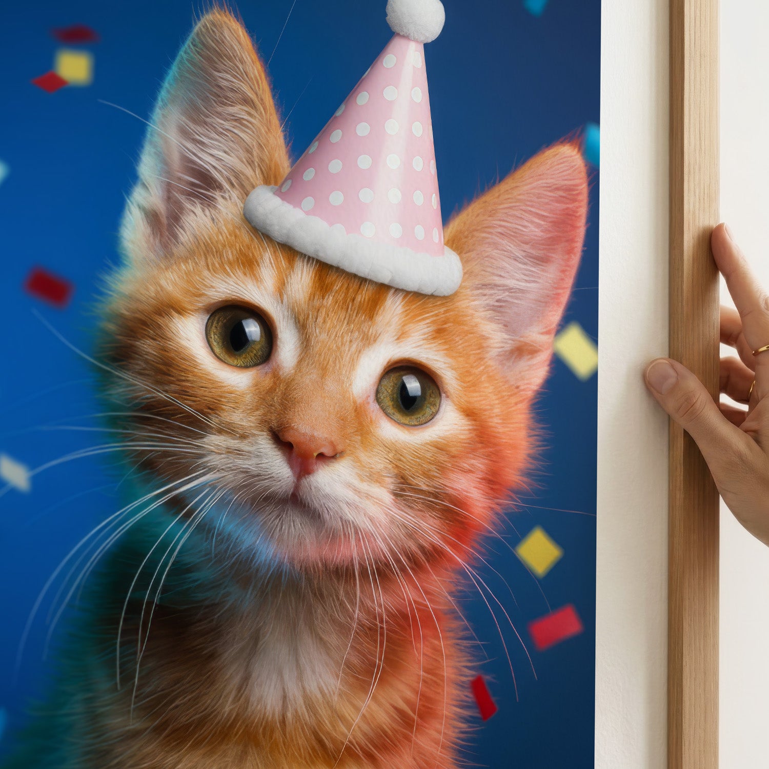 Close-up detail showcasing the gallery-quality precision of a YOUNI.ONE custom bespoke cat portrait. Highlighting perfected brushstrokes and texture that meet museum-grade standards. Zoom in to experience the breathtaking clarity and premium craftsmanship of our framed pet art.