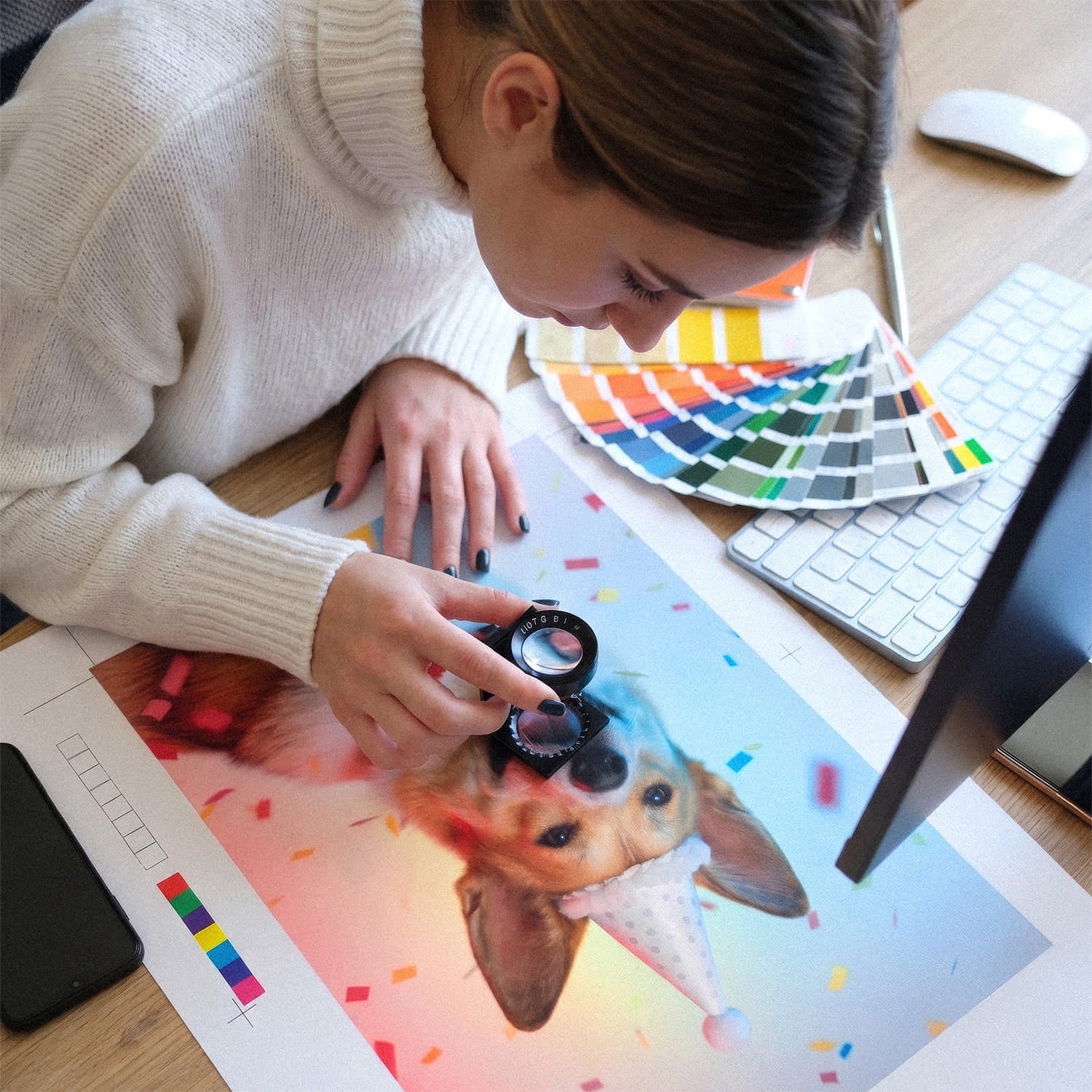"Hand-Finished in Our Studio" by YOUNI.ONE. A behind-the-scenes look at an artist carefully inspecting a custom dog portrait print with a jeweller's loupe. Ensuring every bespoke pet art piece meets our strict museum-grade gallery standards before framing.
