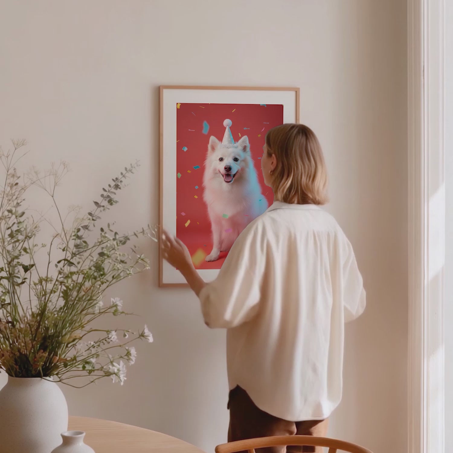 "Curate Your Print in 3 Steps" by YOUNI.ONE. A lifestyle video mockup demonstrating how easy it is to order custom pet art, showing a customer effortlessly hanging a bespoke framed pet portrait on their wall. Upload your photo, choose your gallery style, and receive a premium masterpiece ready to hang.