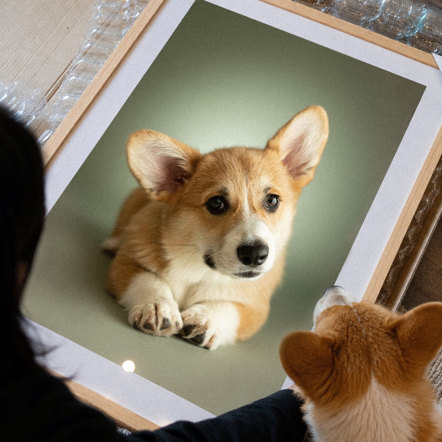 Close-up of a finished framed pet portrait from The Soft Edit — Sage by YOUNI.ONE, featuring a corgi portrait in a natural wood frame.