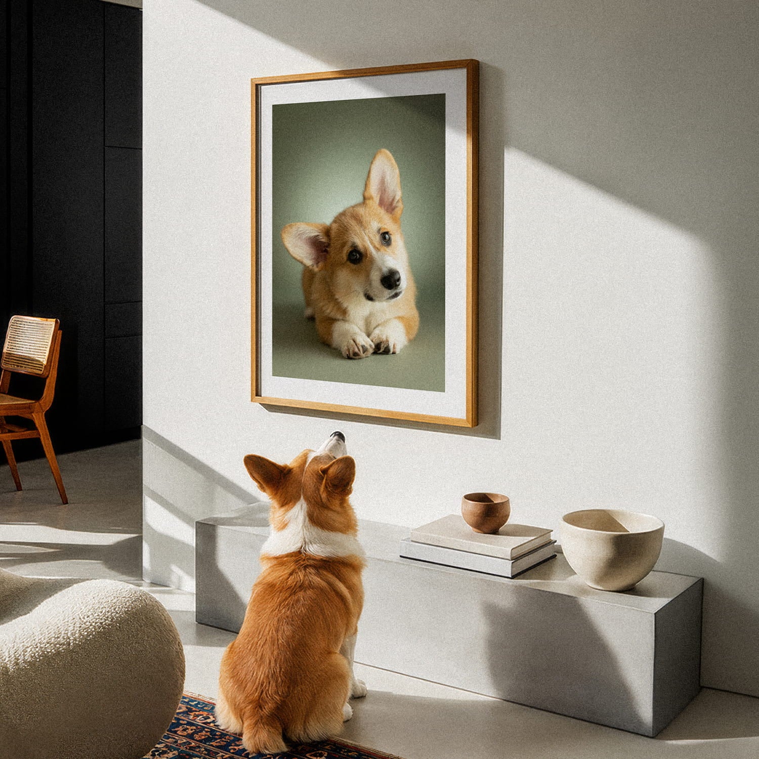 Framed custom pet portrait from The Soft Edit — Sage by YOUNI.ONE, displayed as gallery-style wall art in a calm modern interior with a corgi looking up at the artwork.
