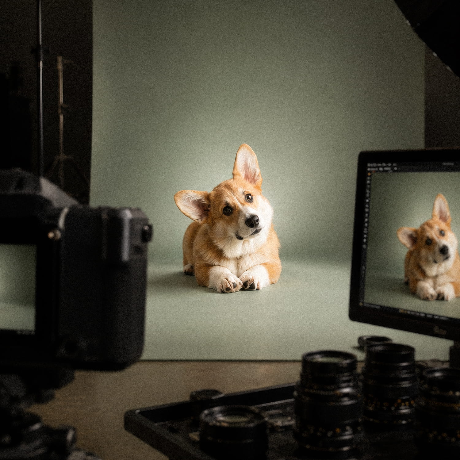 Behind-the-scenes studio-style view of The Soft Edit — Sage pet portrait by YOUNI.ONE, showing a corgi portrait set against a gentle sage backdrop.