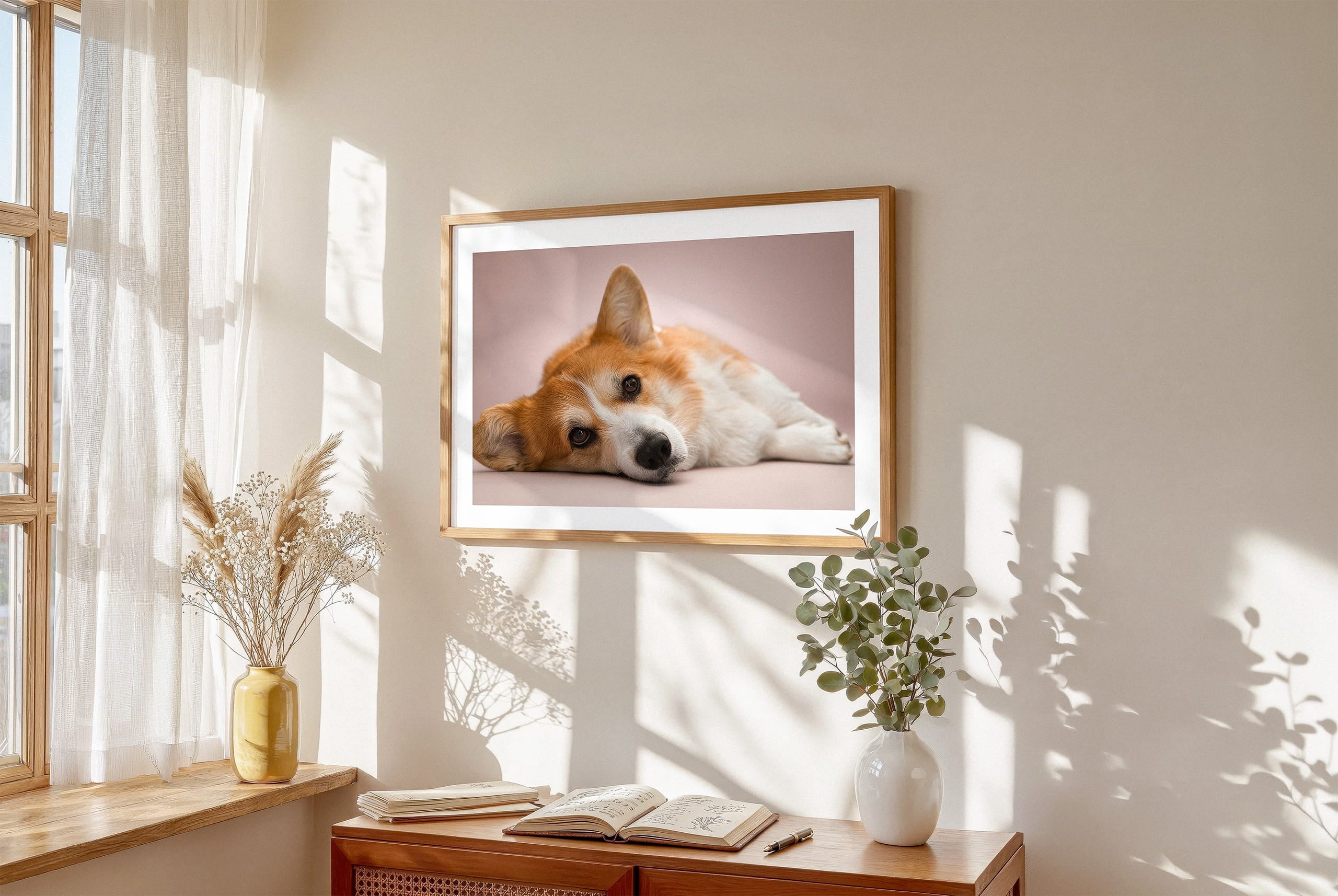 Framed lifestyle mockup of The Soft Gallery — Blush by YOUNI.ONE. A bespoke horizontal dog portrait set against a gentle Blush studio backdrop, displayed as gallery-style wall art in a calm modern interior.