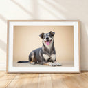 Framed mockup of The Soft Gallery — Ivory by YOUNI.ONE. A bespoke horizontal dog portrait set against a warm Ivory studio backdrop, finished with a white gallery border and classic wood frame.