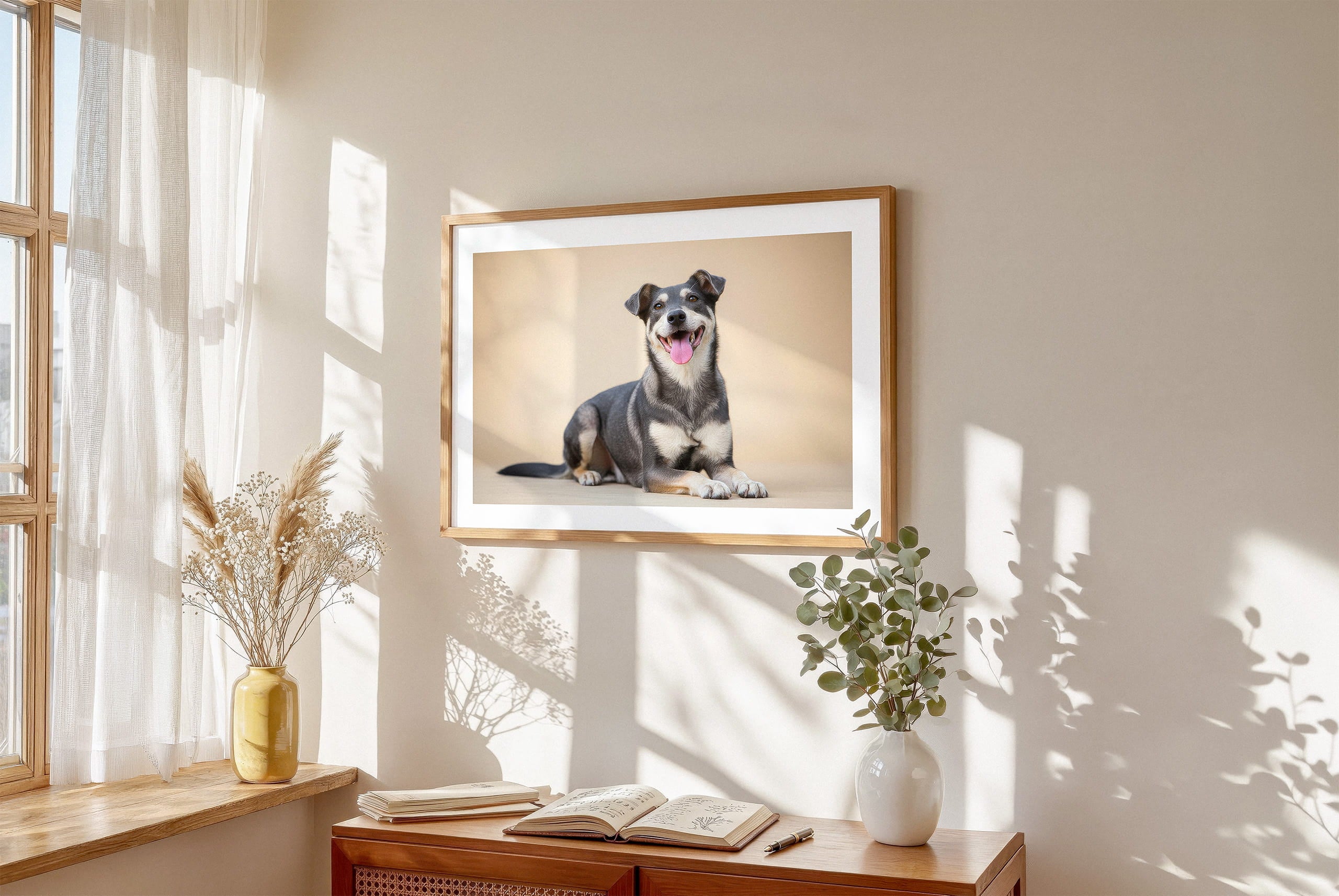 Framed lifestyle mockup of The Soft Gallery — Ivory by YOUNI.ONE. A bespoke horizontal dog portrait set against a warm Ivory studio backdrop, displayed as gallery-style wall art in a calm modern interior.