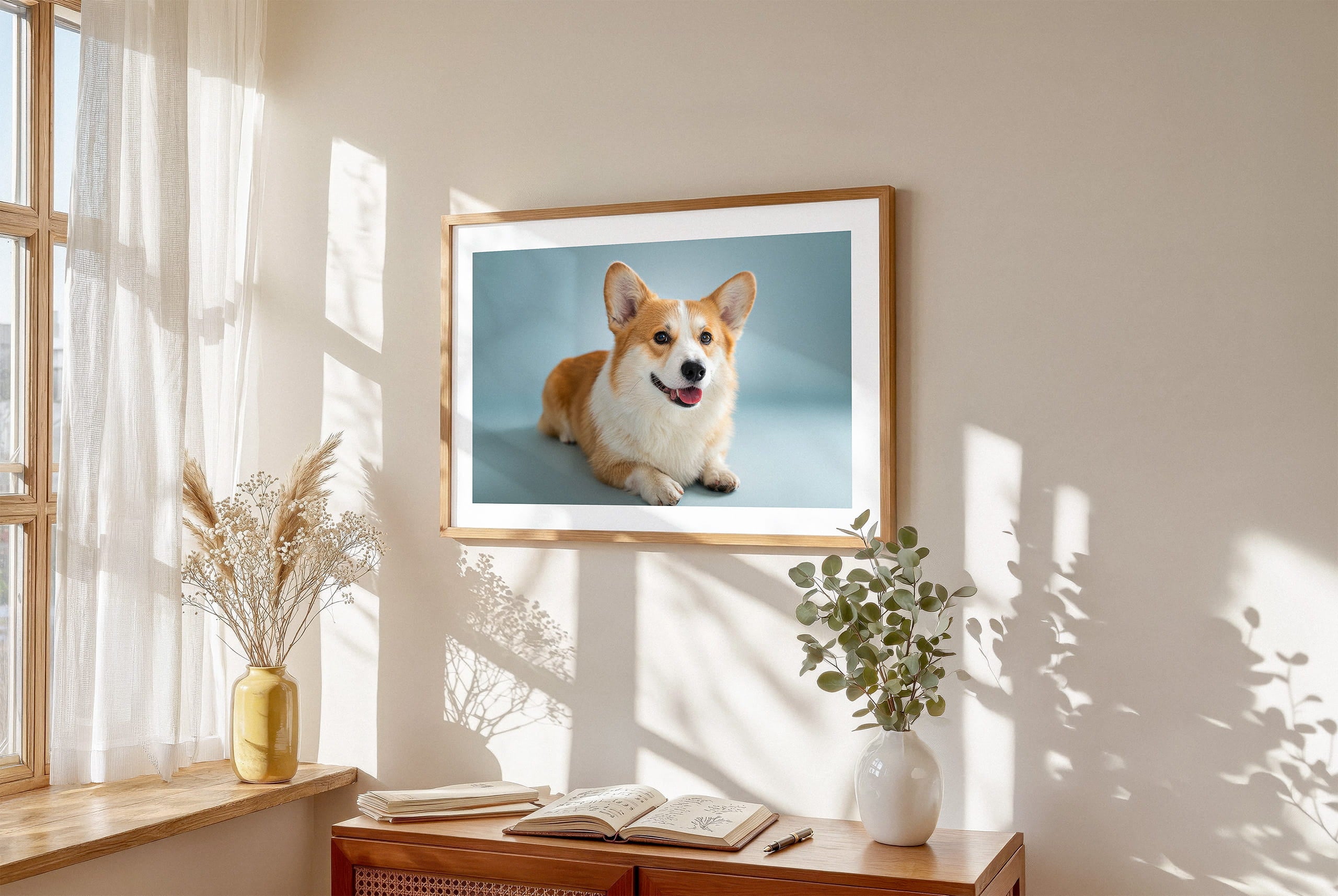 Framed lifestyle mockup of The Soft Gallery — Mist Blue by YOUNI.ONE. A bespoke horizontal dog portrait set against a calm Mist Blue studio backdrop, displayed as gallery-style wall art in a calm modern interior.