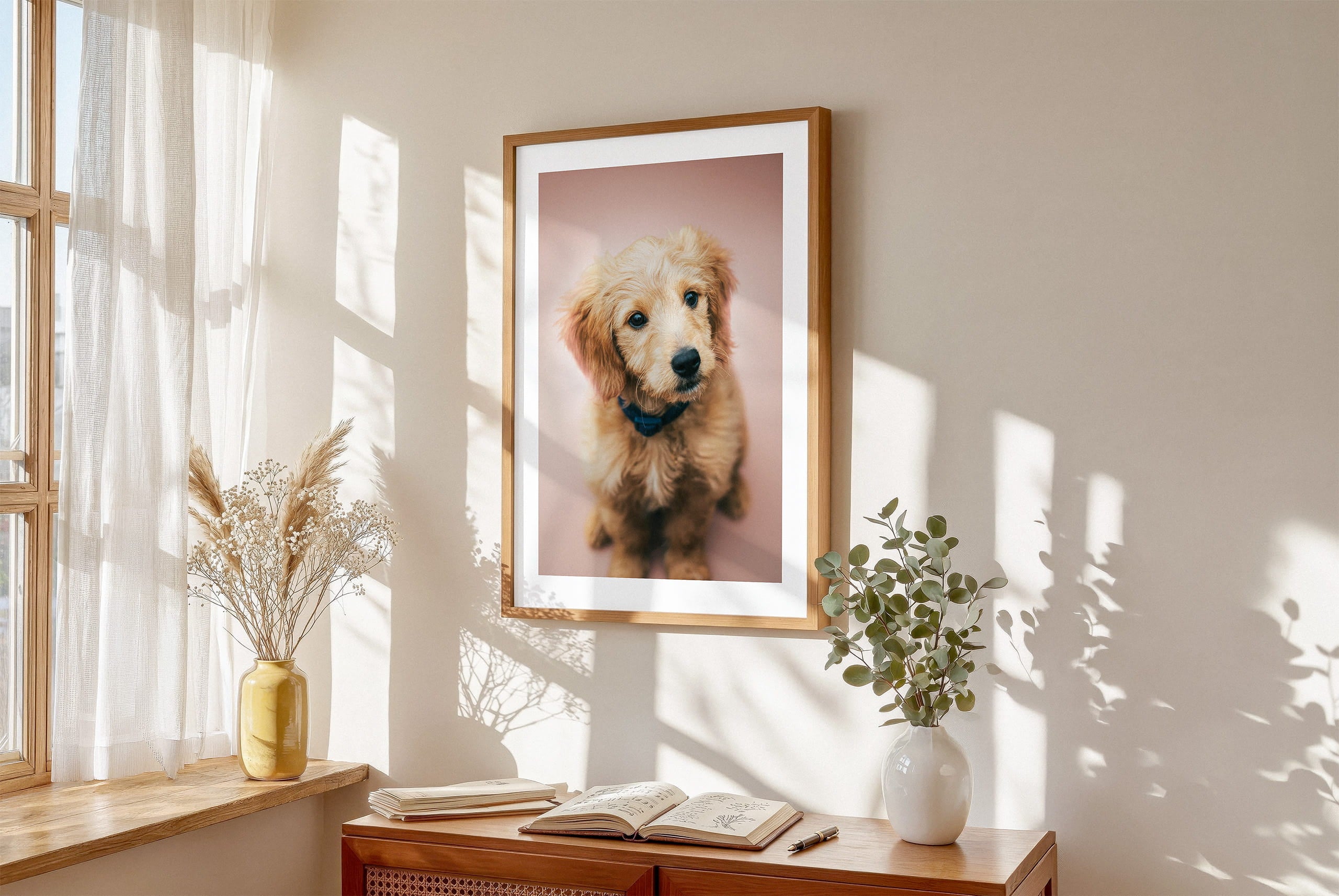 Framed lifestyle mockup of The Soft Portrait — Blush by YOUNI.ONE. A bespoke vertical dog portrait set against a gentle Blush studio backdrop, displayed as gallery-style wall art in a calm modern interior.