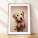 Framed mockup of The Soft Portrait — Blush by YOUNI.ONE. A bespoke vertical dog portrait set against a gentle Blush studio backdrop, finished with a white gallery border and classic wood frame.