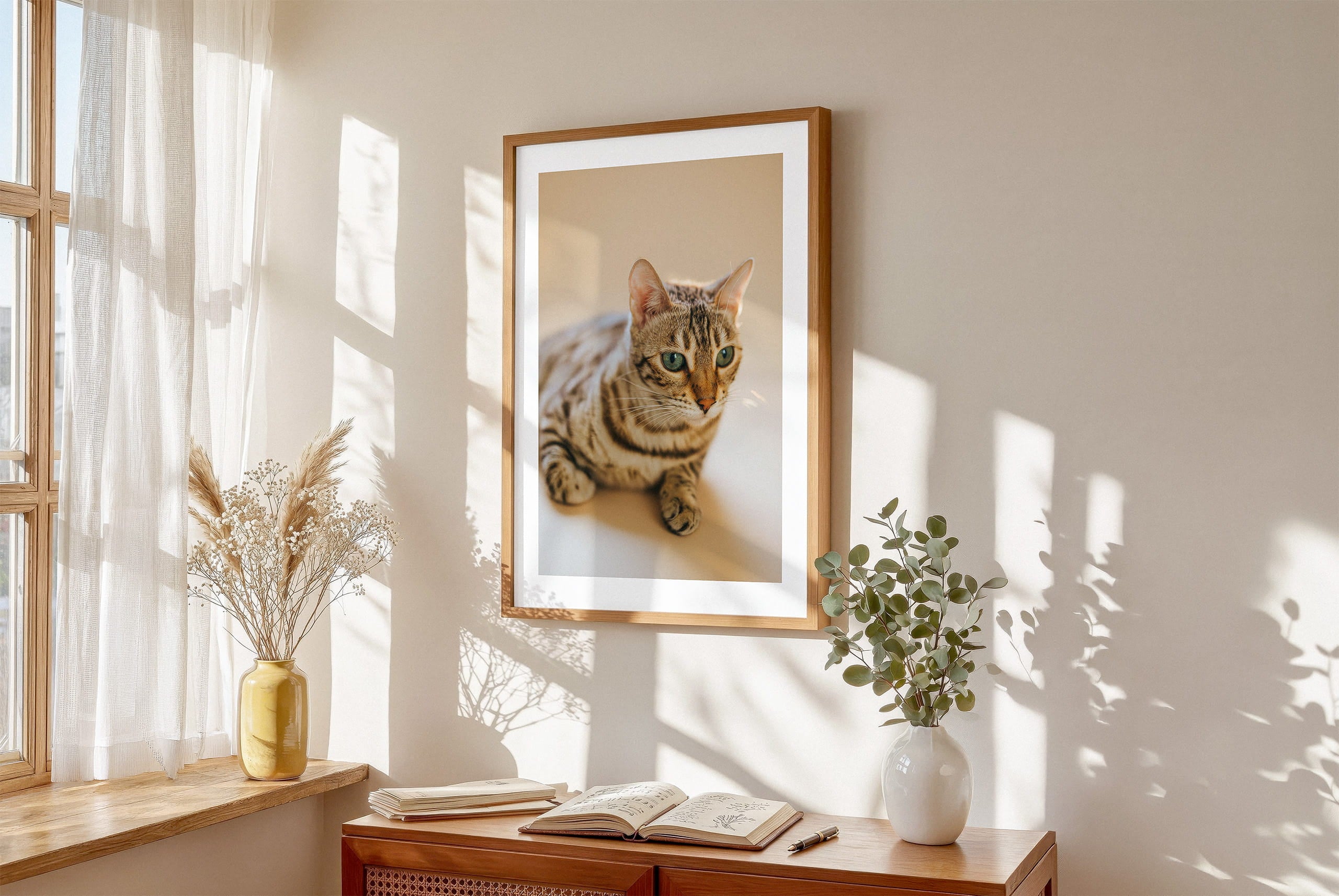 Framed lifestyle mockup of The Soft Portrait — Ivory by YOUNI.ONE. A bespoke vertical cat portrait set against a warm Ivory studio backdrop, displayed as gallery-style wall art in a calm modern interior.