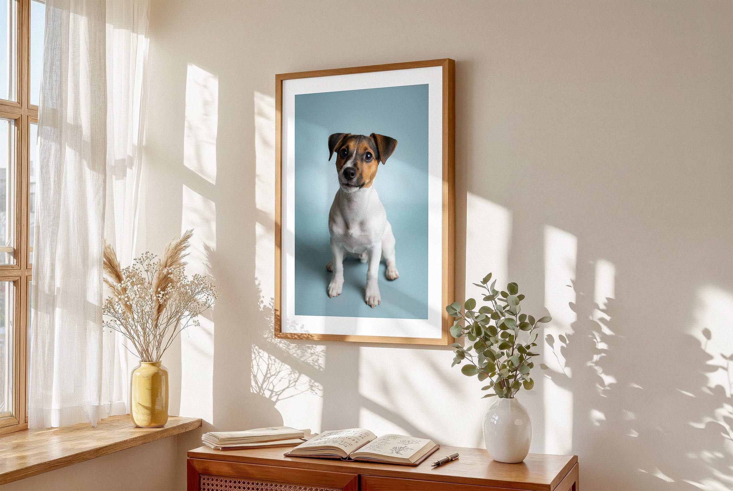 Framed lifestyle mockup of The Soft Portrait — Mist Blue by YOUNI.ONE. A bespoke vertical dog portrait set against a calm Mist Blue studio backdrop, displayed as gallery-style wall art in a calm modern interior.