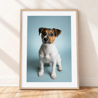 Framed mockup of The Soft Portrait — Mist Blue by YOUNI.ONE. A bespoke vertical dog portrait set against a calm Mist Blue studio backdrop, finished with a white gallery border and classic wood frame.