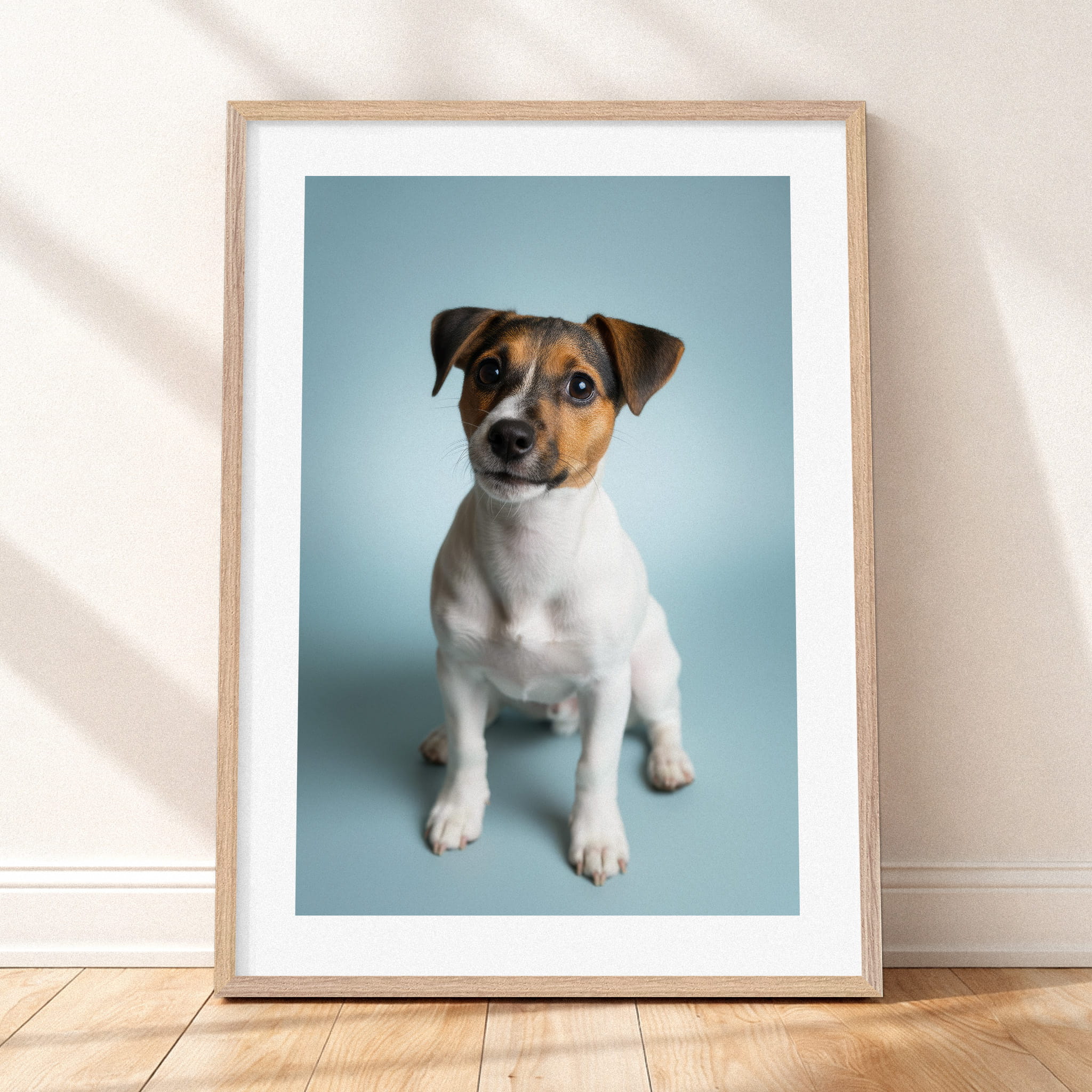 Framed mockup of The Soft Portrait — Mist Blue by YOUNI.ONE. A bespoke vertical dog portrait set against a calm Mist Blue studio backdrop, finished with a white gallery border and classic wood frame.