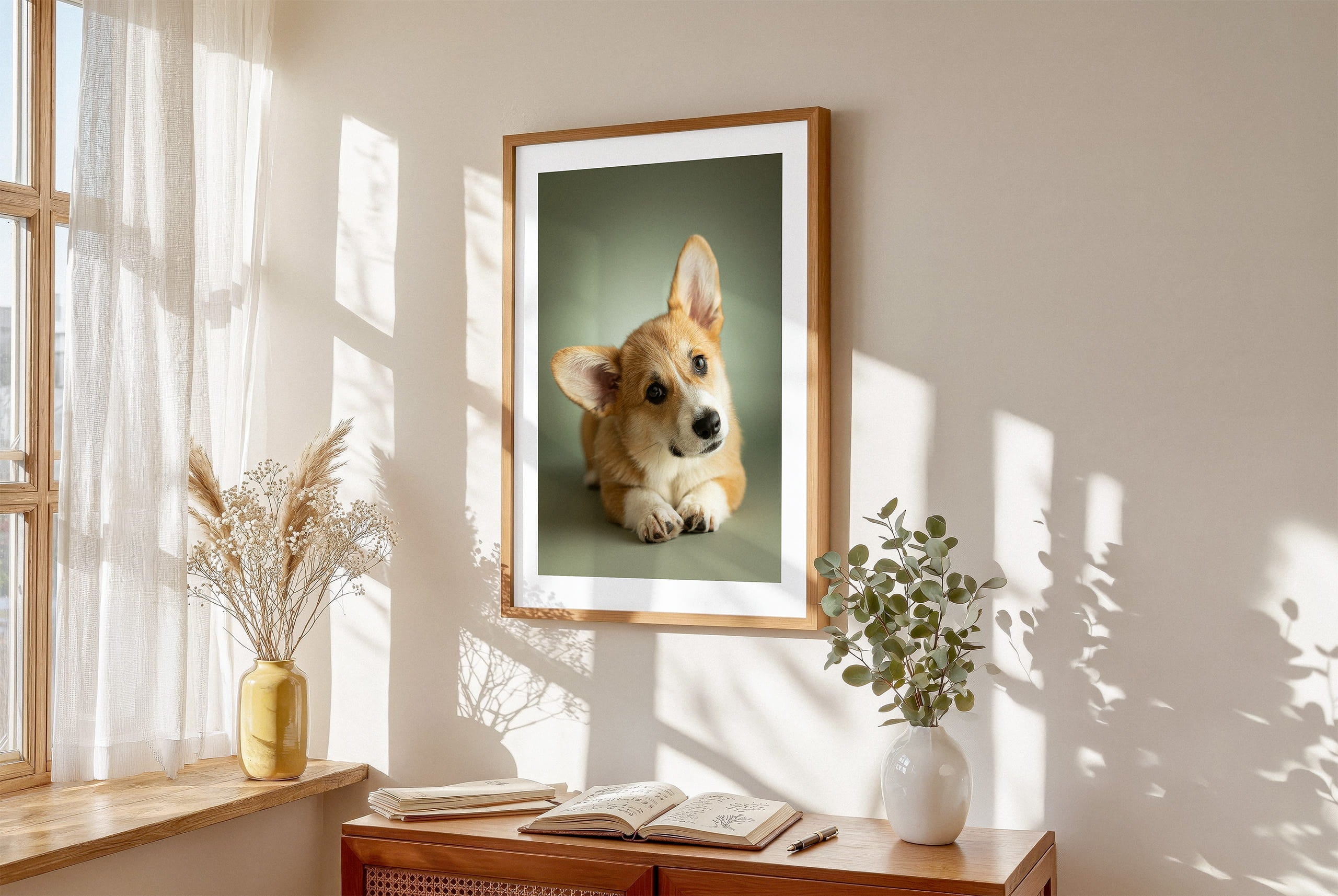 Framed lifestyle mockup of The Soft Portrait — Sage by YOUNI.ONE. A bespoke vertical dog portrait set against a soft Sage studio backdrop, displayed as gallery-style wall art in a calm modern interior.