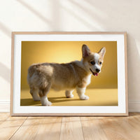 Framed mockup of The Statement Gallery — Butter by YOUNI.ONE. A bespoke horizontal pet portrait set against a refined Butter studio backdrop, finished with a white gallery border and classic wood frame.