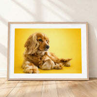 Framed mockup of The Statement Gallery — Butter by YOUNI.ONE. A bespoke horizontal pet portrait set against a refined Butter studio backdrop, finished with a white gallery border and classic wood frame.