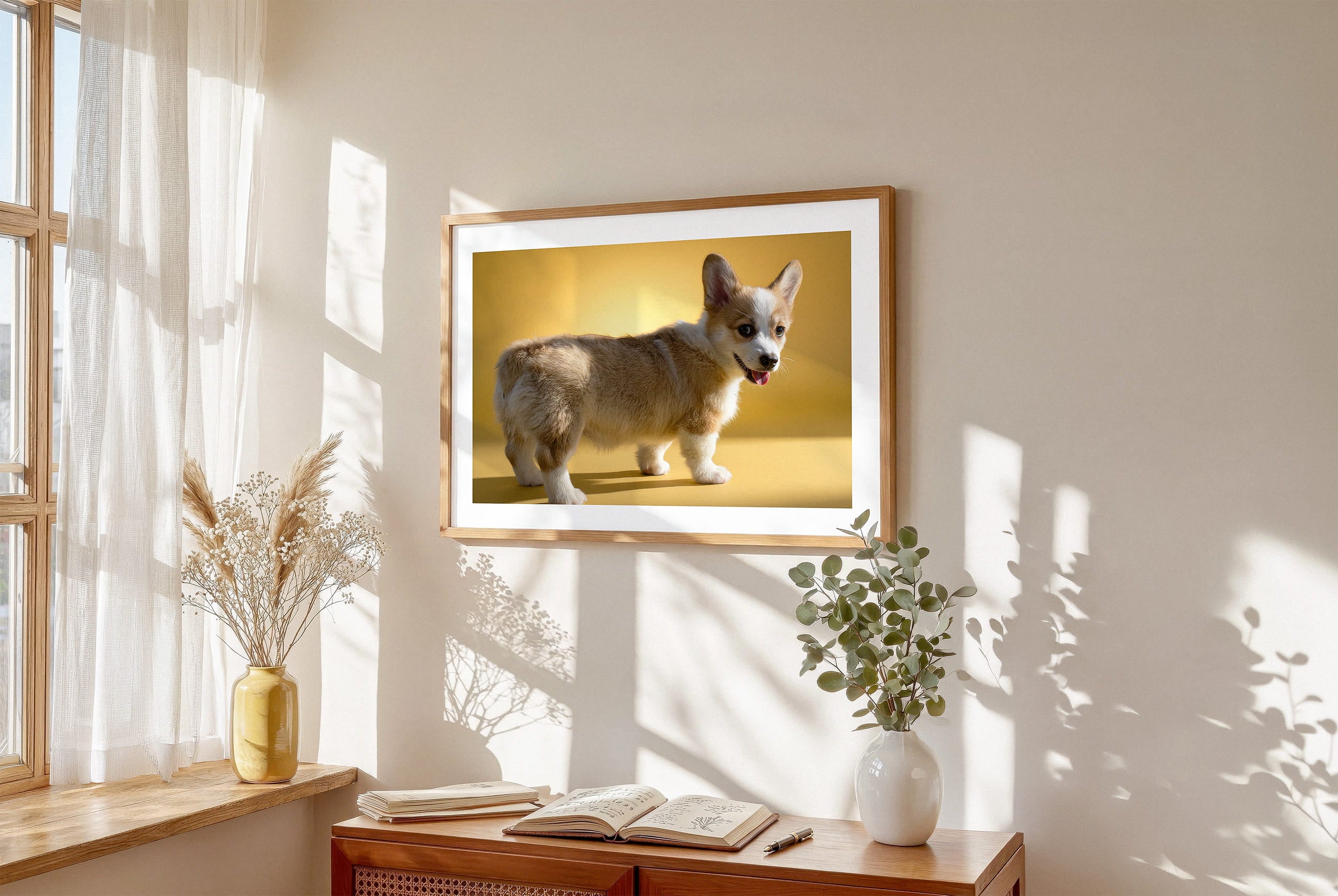 Framed lifestyle mockup of The Statement Gallery — Butter by YOUNI.ONE. A bespoke horizontal pet portrait set against a warm Butter studio backdrop, displayed as gallery-style wall art in a warm modern interior.