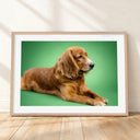Framed mockup of The Statement Gallery — Jade by YOUNI.ONE. A bespoke horizontal pet portrait set against a refined Jade studio backdrop, finished with a white gallery border and classic wood frame.