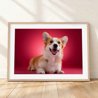 Framed mockup of The Statement Gallery — Ruby by YOUNI.ONE. A bespoke horizontal dog portrait set against a rich Ruby studio backdrop, finished with a white gallery border and classic wood frame.