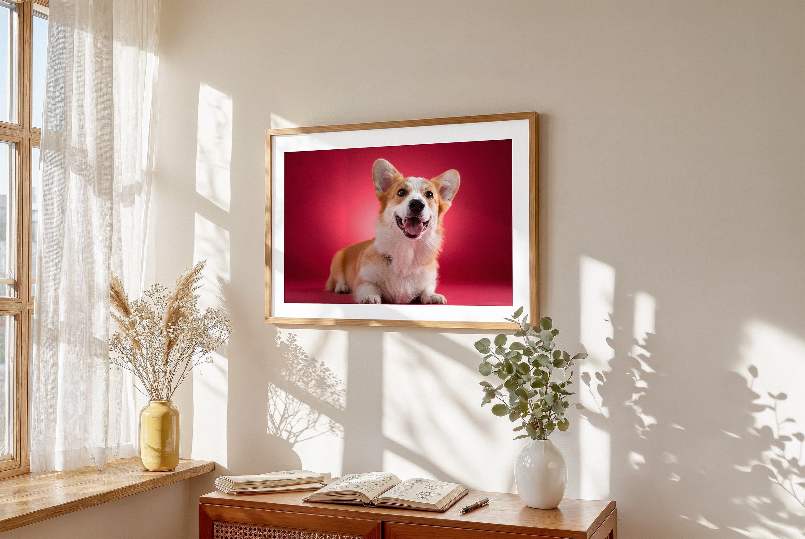 Framed lifestyle mockup of The Statement Gallery — Ruby by YOUNI.ONE. A bespoke horizontal dog portrait set against a rich Ruby studio backdrop, displayed as gallery-style wall art in a warm modern interior.