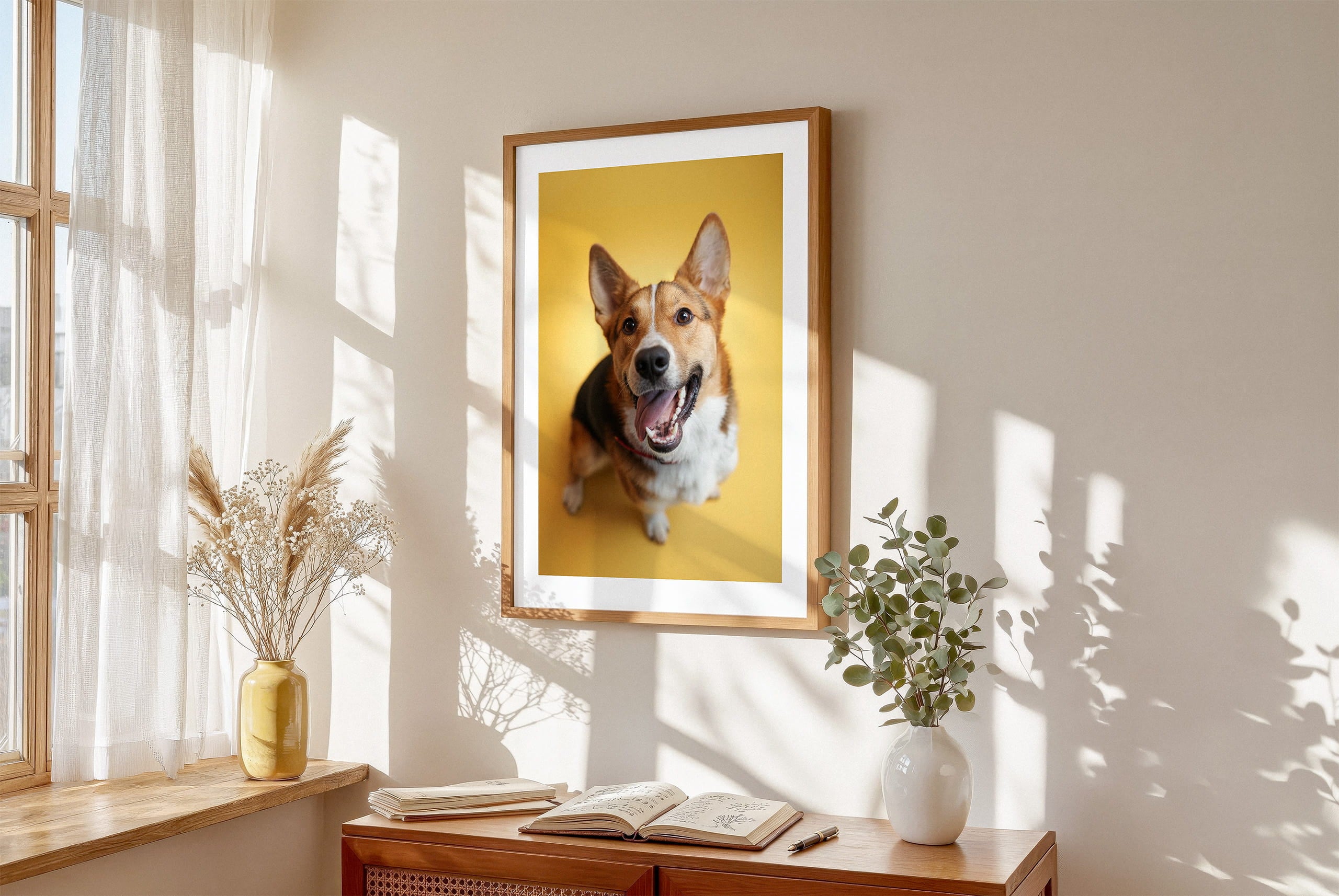 Framed lifestyle mockup of The Statement Portrait — Butter by YOUNI.ONE. A bespoke vertical dog portrait set against a warm Butter studio backdrop, displayed as gallery-style wall art in a warm modern interior.