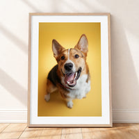 Framed mockup of The Statement Portrait — Butter by YOUNI.ONE. A bespoke vertical dog portrait set against a warm Butter studio backdrop, finished with a white gallery border and classic wood frame.