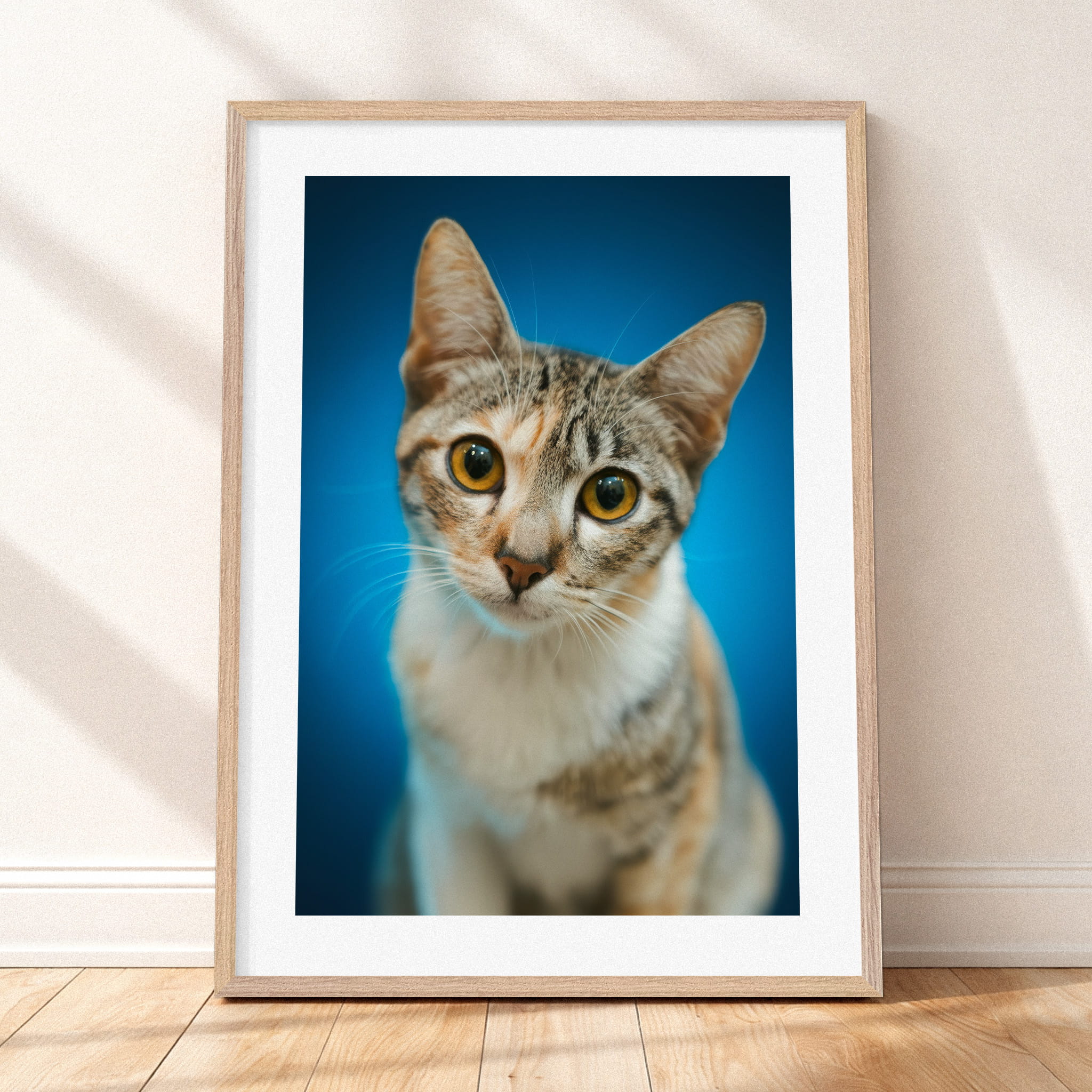 Framed mockup of The Statement Portrait — Cerulean by YOUNI.ONE. A bespoke vertical pet portrait set against a rich Cerulean studio backdrop, finished with a white gallery border and classic wood frame.