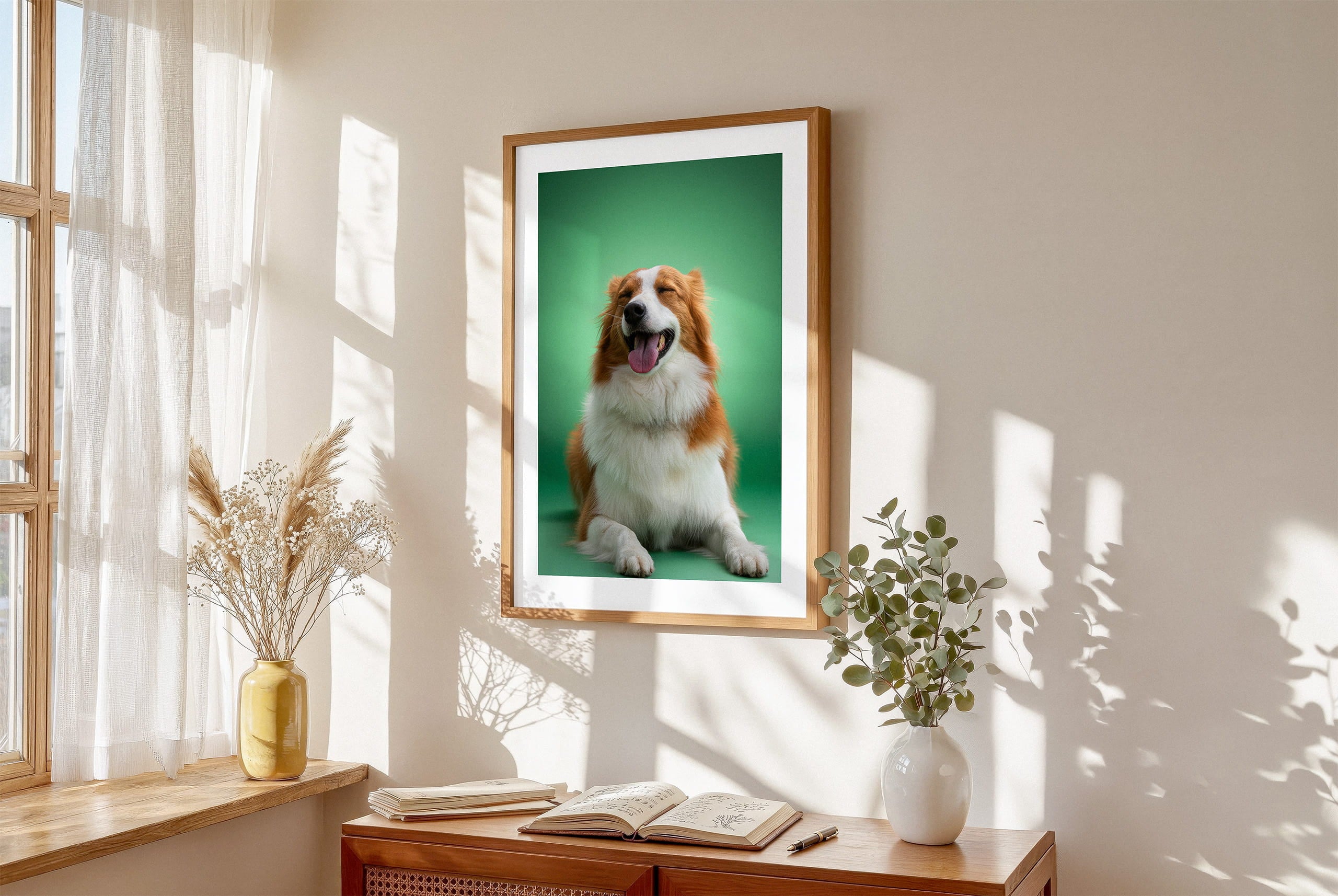 Framed lifestyle mockup of The Statement Portrait — Jade by YOUNI.ONE. A bespoke vertical dog portrait set against a refined Jade studio backdrop, displayed as gallery-style wall art in a warm modern interior.