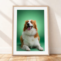 Framed mockup of The Statement Portrait — Jade by YOUNI.ONE. A bespoke vertical dog portrait set against a refined Jade studio backdrop, finished with a white gallery border and classic wood frame.