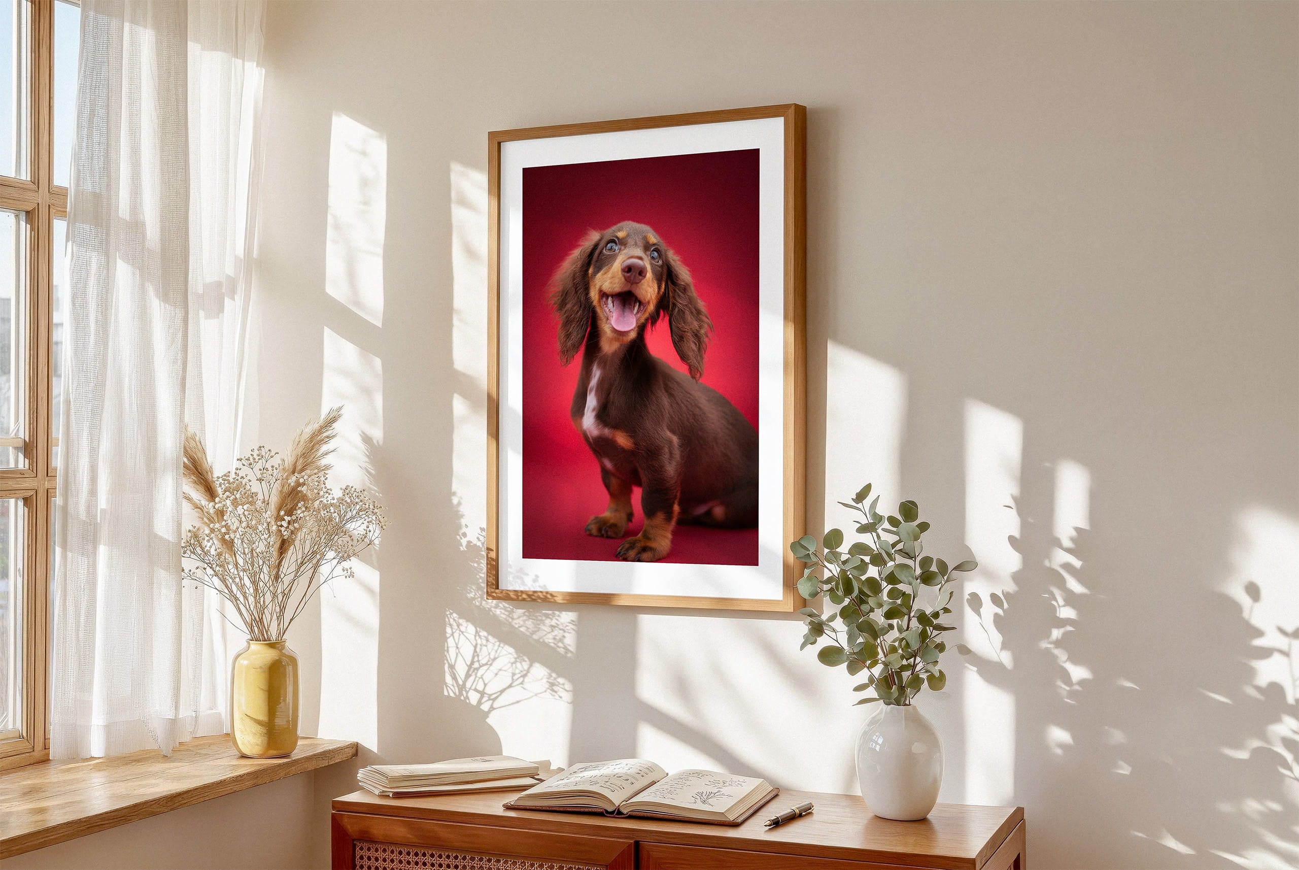 Framed lifestyle mockup of The Statement Portrait — Ruby by YOUNI.ONE. A bespoke vertical dog portrait set against a rich Ruby studio backdrop, displayed as gallery-style wall art in a warm modern interior.