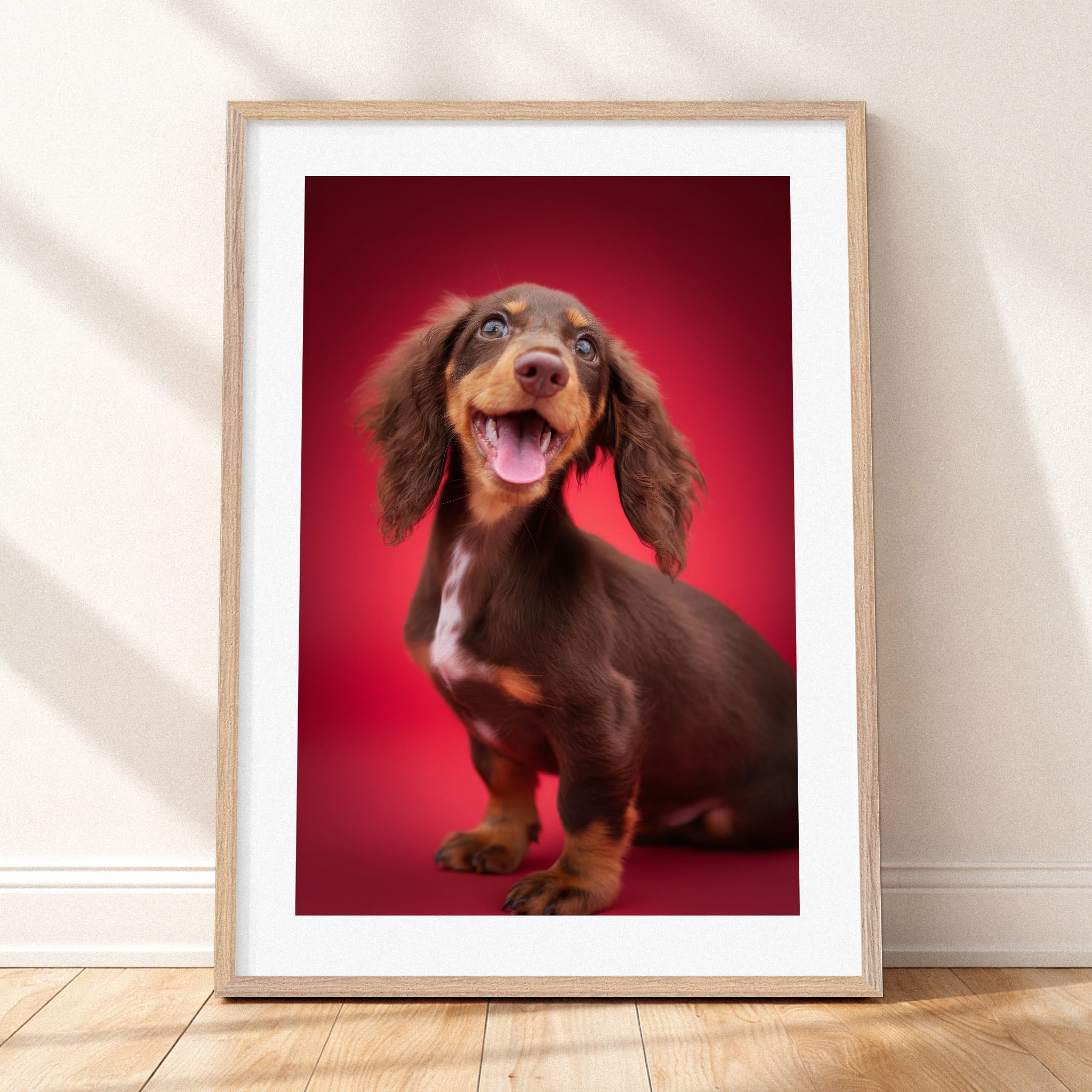 Framed mockup of The Statement Portrait - Ruby by YOUNI.ONE. A bespoke vertical dog portrait set against a bold Ruby studio backdrop, finished with a white gallery border and classic wood frame.