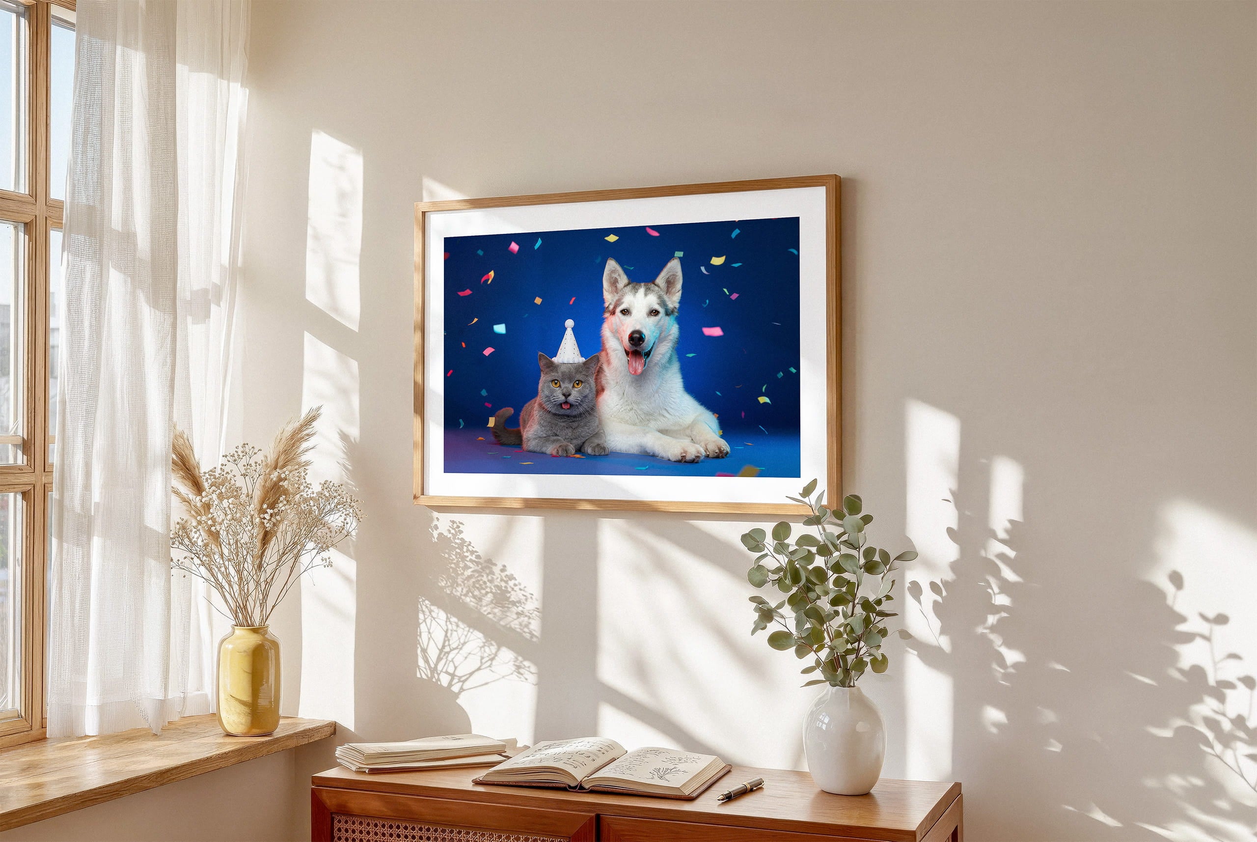 "The Birthday Gallery - Studio Blue" by YOUNI.ONE. A custom bespoke horizontal pet portrait featuring two pets, a dog and a cat wearing birthday hats, elegantly displayed in a classic wood frame. Gallery-quality pet art and bespoke gift.