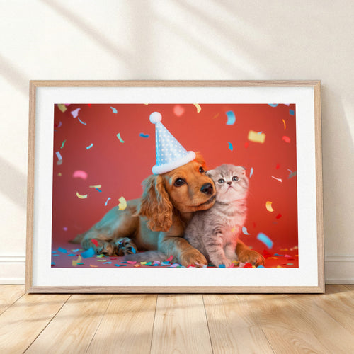 Close-up detail of "The Birthday Gallery - Studio Red" by YOUNI.ONE. A custom bespoke horizontal pet portrait featuring two pets, a dog and a cat wearing birthday hats, showcased in a classic wood frame. Gallery-quality pet art.