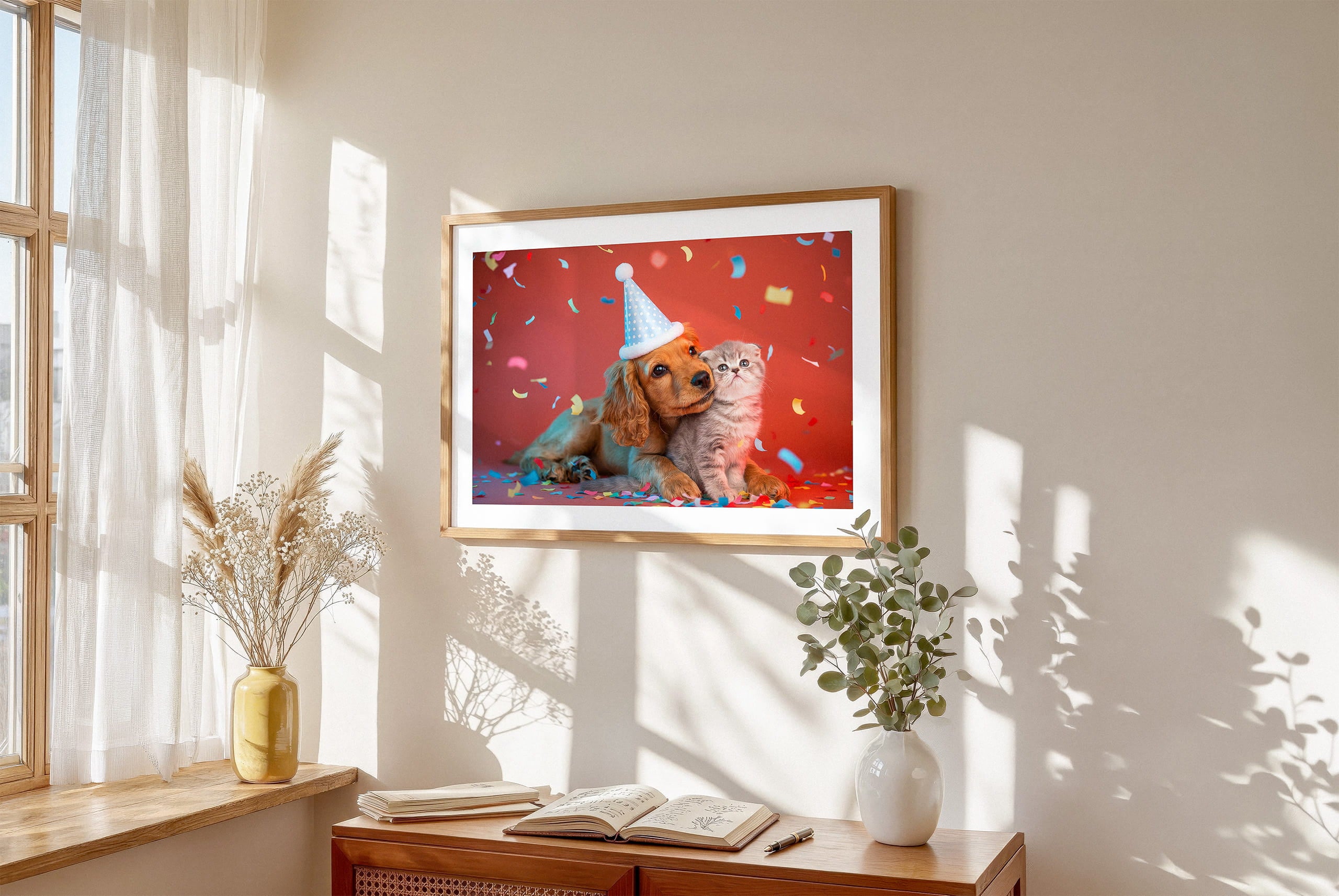 "The Birthday Gallery - Studio Red" by YOUNI.ONE. A custom bespoke horizontal pet portrait featuring two pets, a dog and a cat wearing birthday hats, elegantly displayed in a classic wood frame. Gallery-quality pet art and bespoke gift.