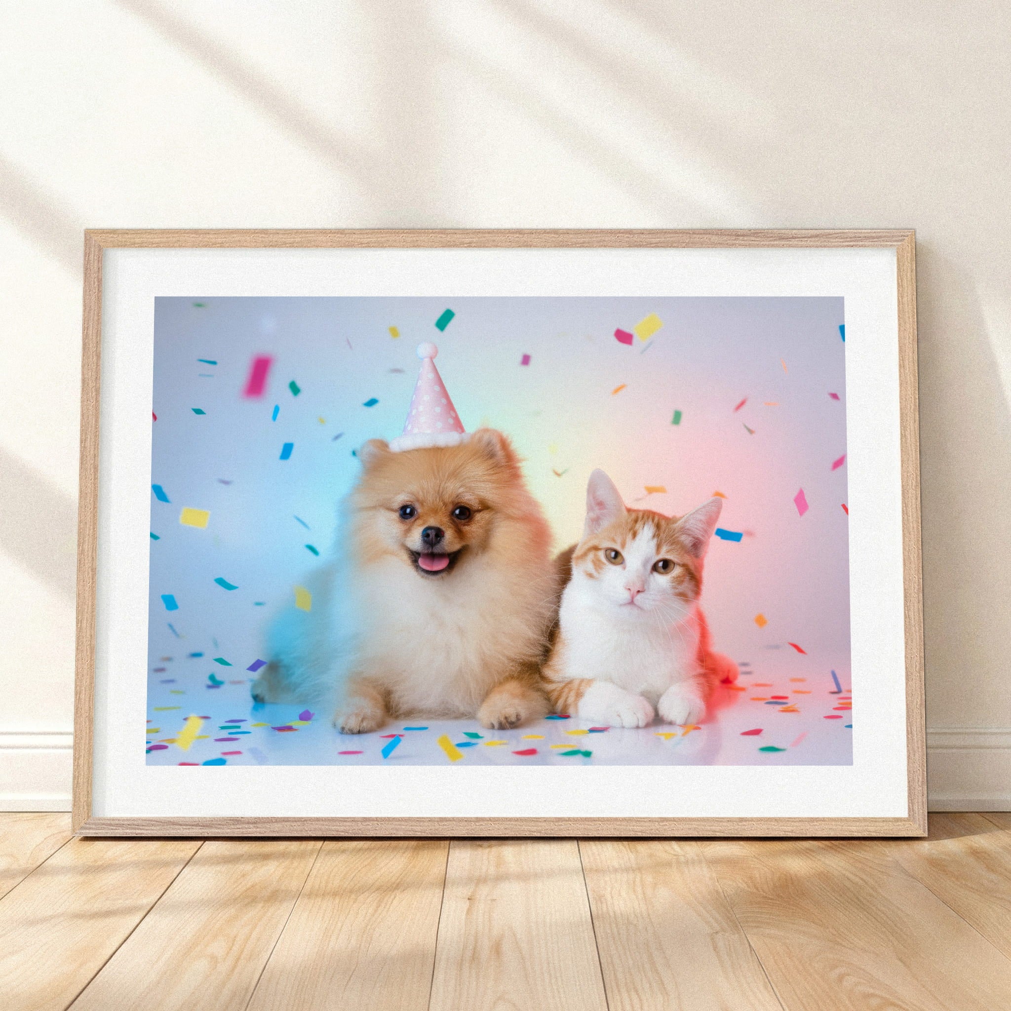 Close-up detail of "The Birthday Gallery - Studio White" by YOUNI.ONE. A custom bespoke horizontal pet portrait featuring two pets, a dog and a cat wearing birthday hats, showcased in a classic wood frame. Gallery-quality pet art.