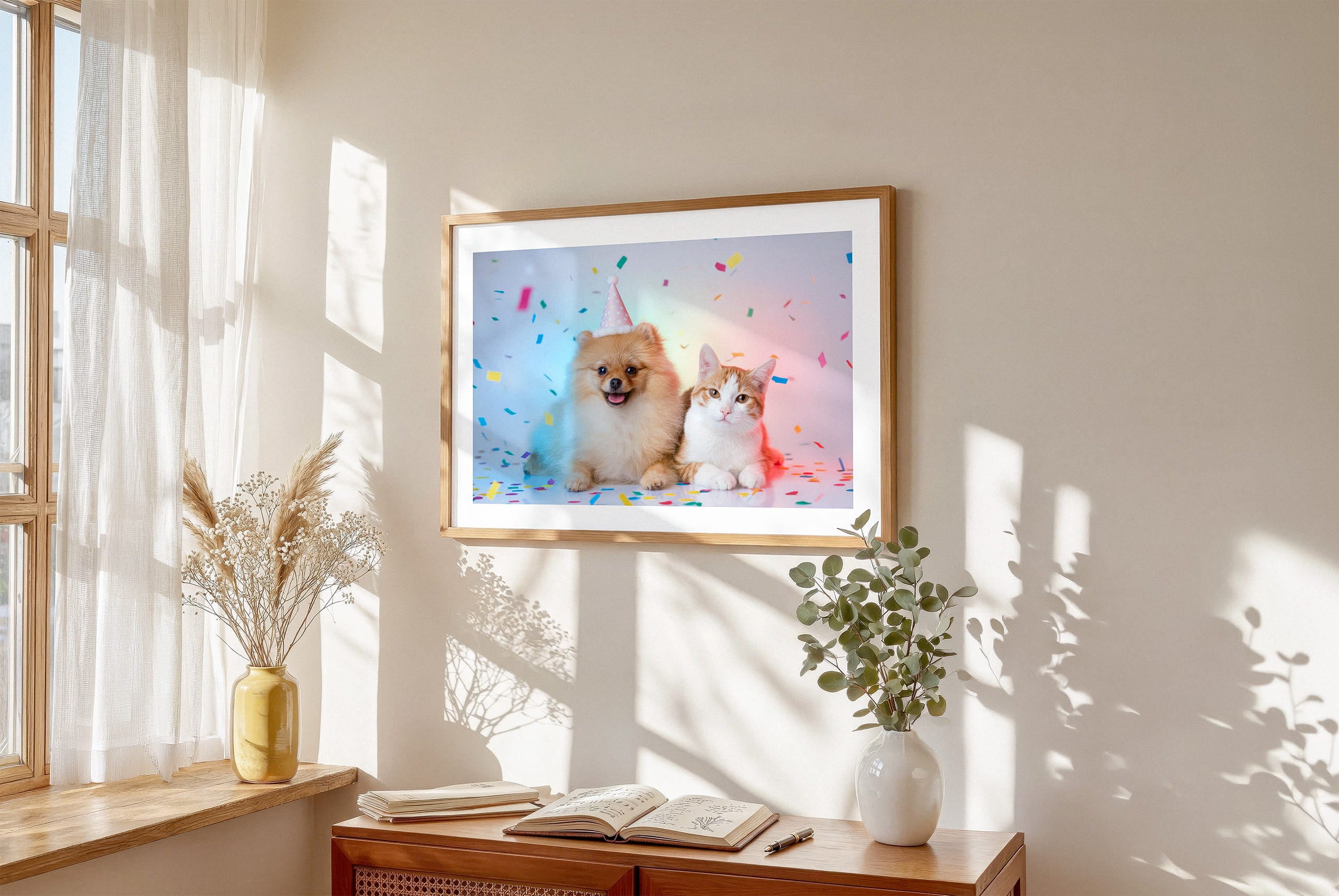 "The Birthday Gallery - Studio White" by YOUNI.ONE. A custom bespoke horizontal pet portrait featuring two pets, a dog and a cat wearing birthday hats, elegantly displayed in a classic wood frame. Gallery-quality pet art and bespoke gift.