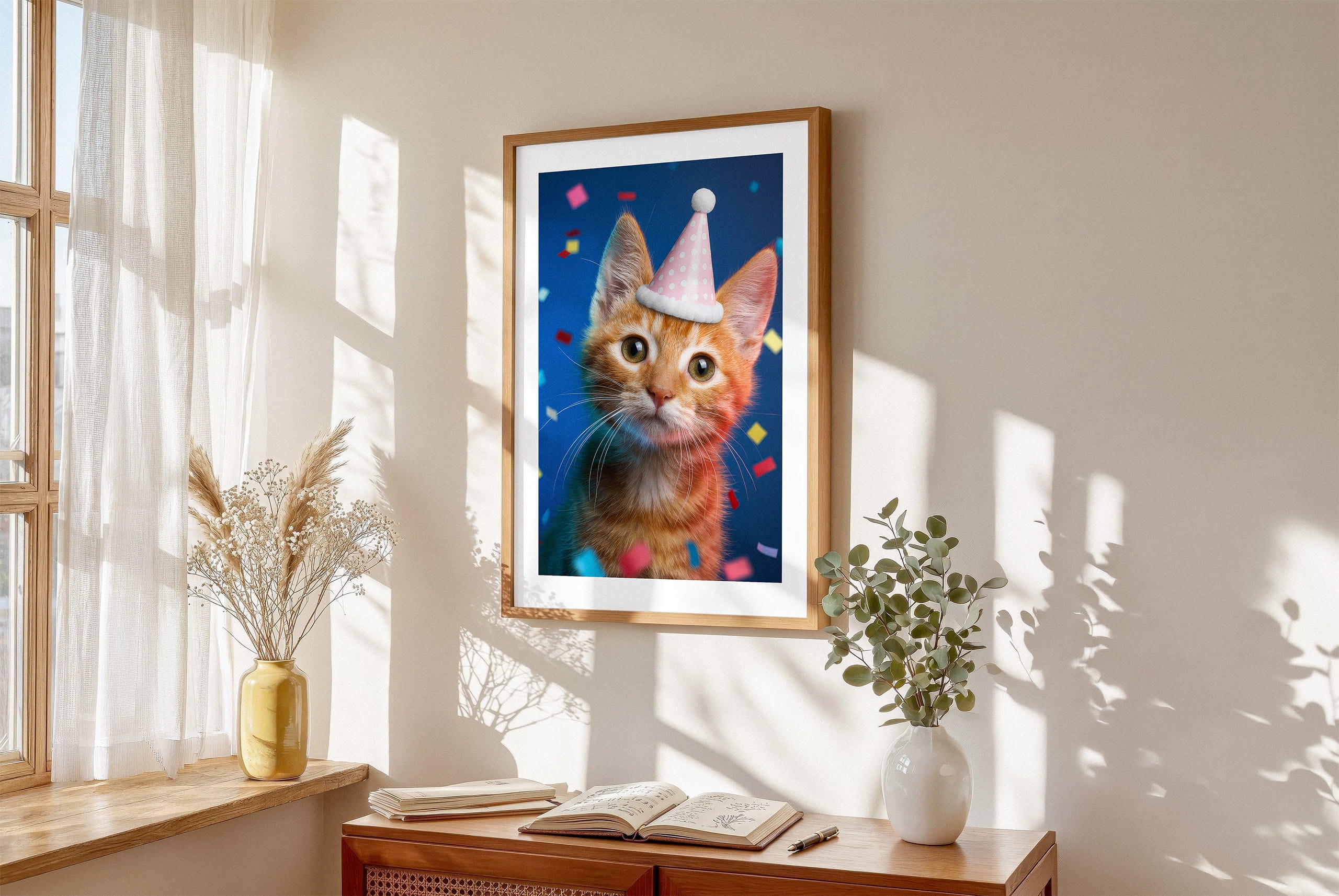 "The Birthday Portrait - Studio Blue" by YOUNI.ONE. A custom bespoke pet portrait of a cat wearing a birthday hat, elegantly displayed in a classic wood frame. Gallery-quality pet art and bespoke gift.
