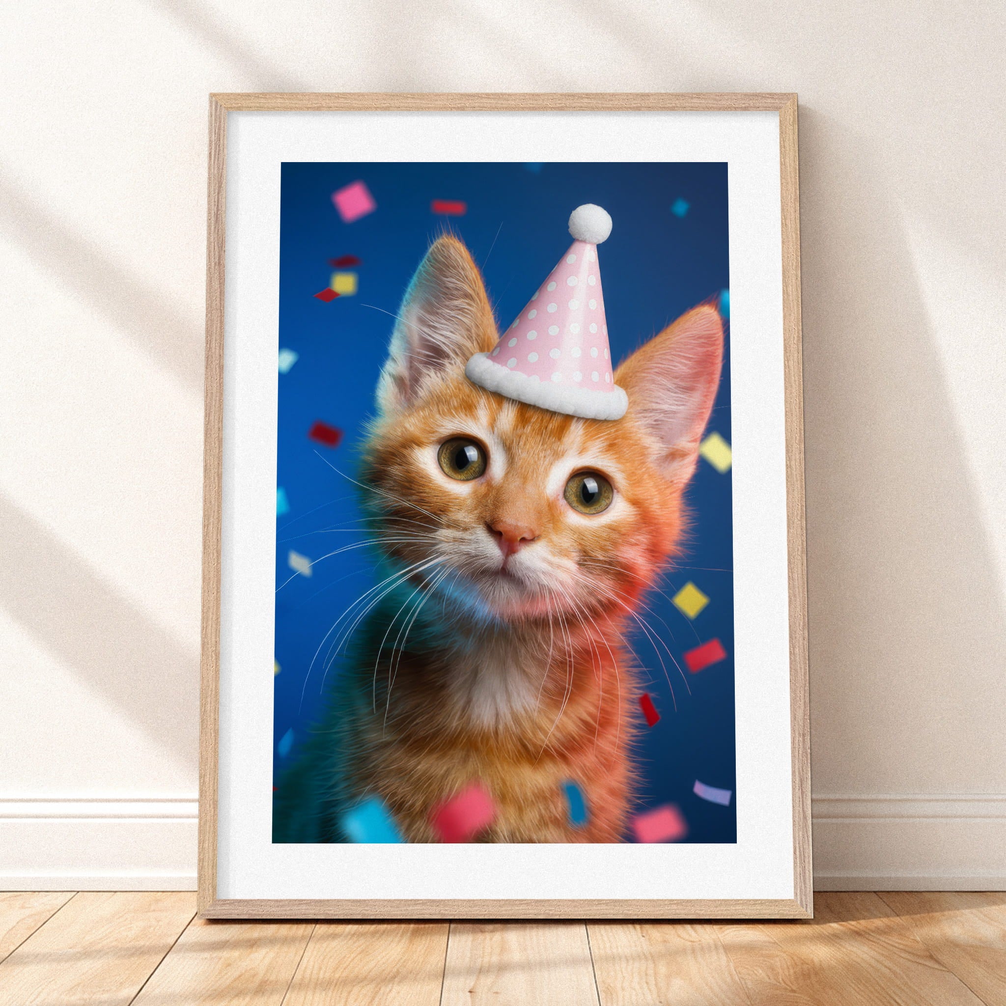 Close-up detail of "The Birthday Portrait - Studio Blue" by YOUNI.ONE. A custom bespoke pet portrait of a cat wearing a birthday hat, showcased in a classic wood frame. Gallery-quality pet art.