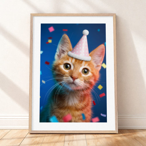 Close-up detail of "The Birthday Portrait - Studio Blue" by YOUNI.ONE. A custom bespoke pet portrait of a cat wearing a birthday hat, showcased in a classic wood frame. Gallery-quality pet art.