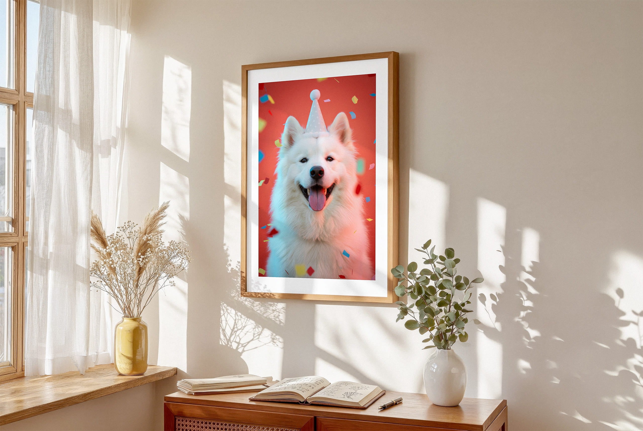 "The Birthday Portrait - Studio Red" by YOUNI.ONE. A custom bespoke pet portrait of a dog wearing a birthday hat, elegantly displayed in a classic wood frame. Gallery-quality pet art and bespoke gift.