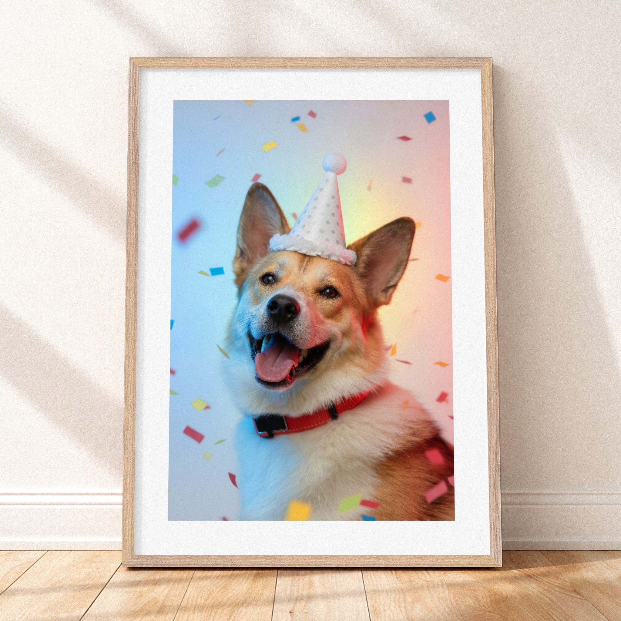 Close-up detail of "The Birthday Portrait - Studio White" by YOUNI.ONE. A custom bespoke pet portrait of a dog wearing a birthday hat, showcased in a classic wood frame. Gallery-quality pet art.
