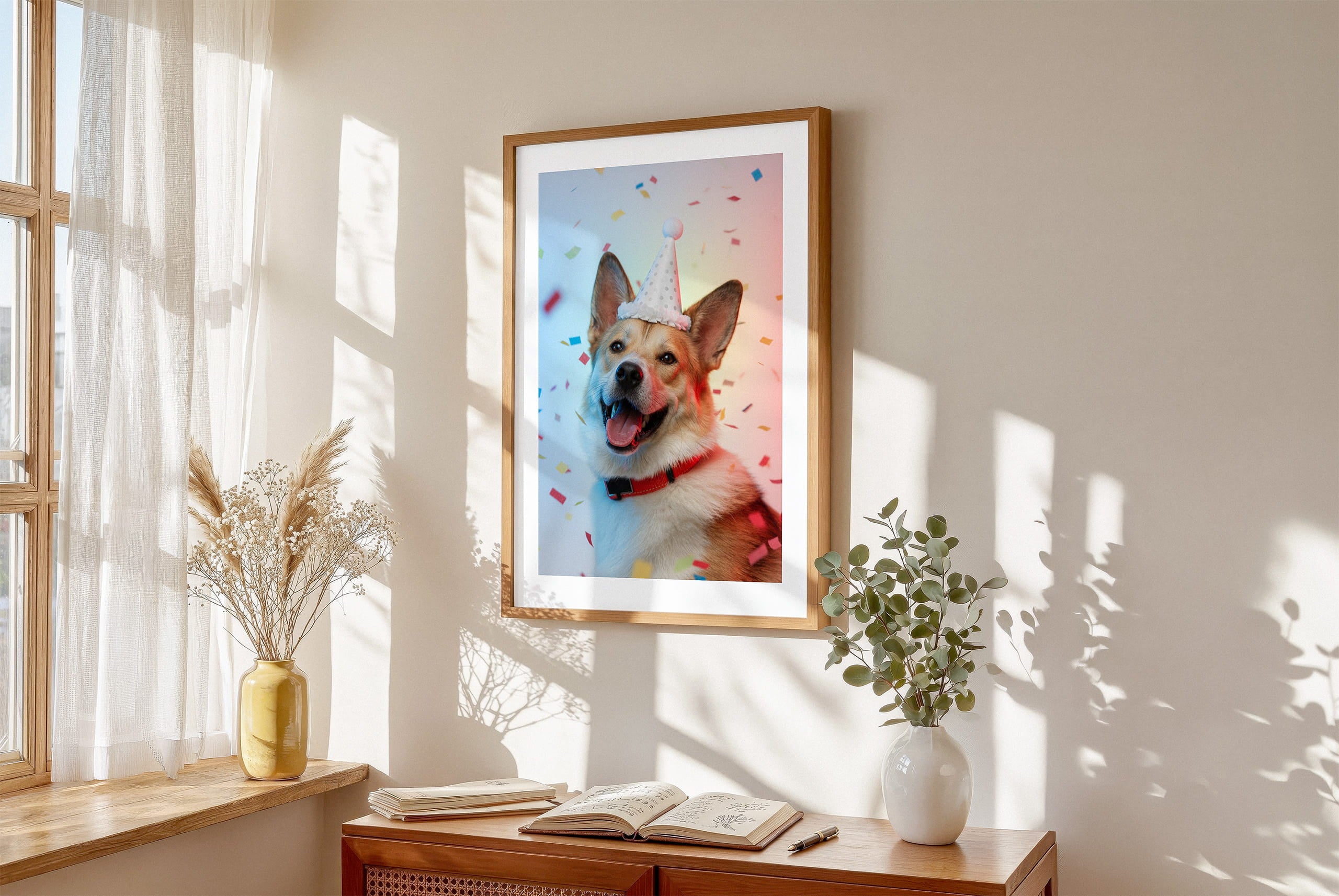 "The Birthday Portrait - Studio White" by YOUNI.ONE. A custom bespoke pet portrait of a dog wearing a birthday hat, elegantly displayed in a classic wood frame. Gallery-quality pet art and bespoke gift.