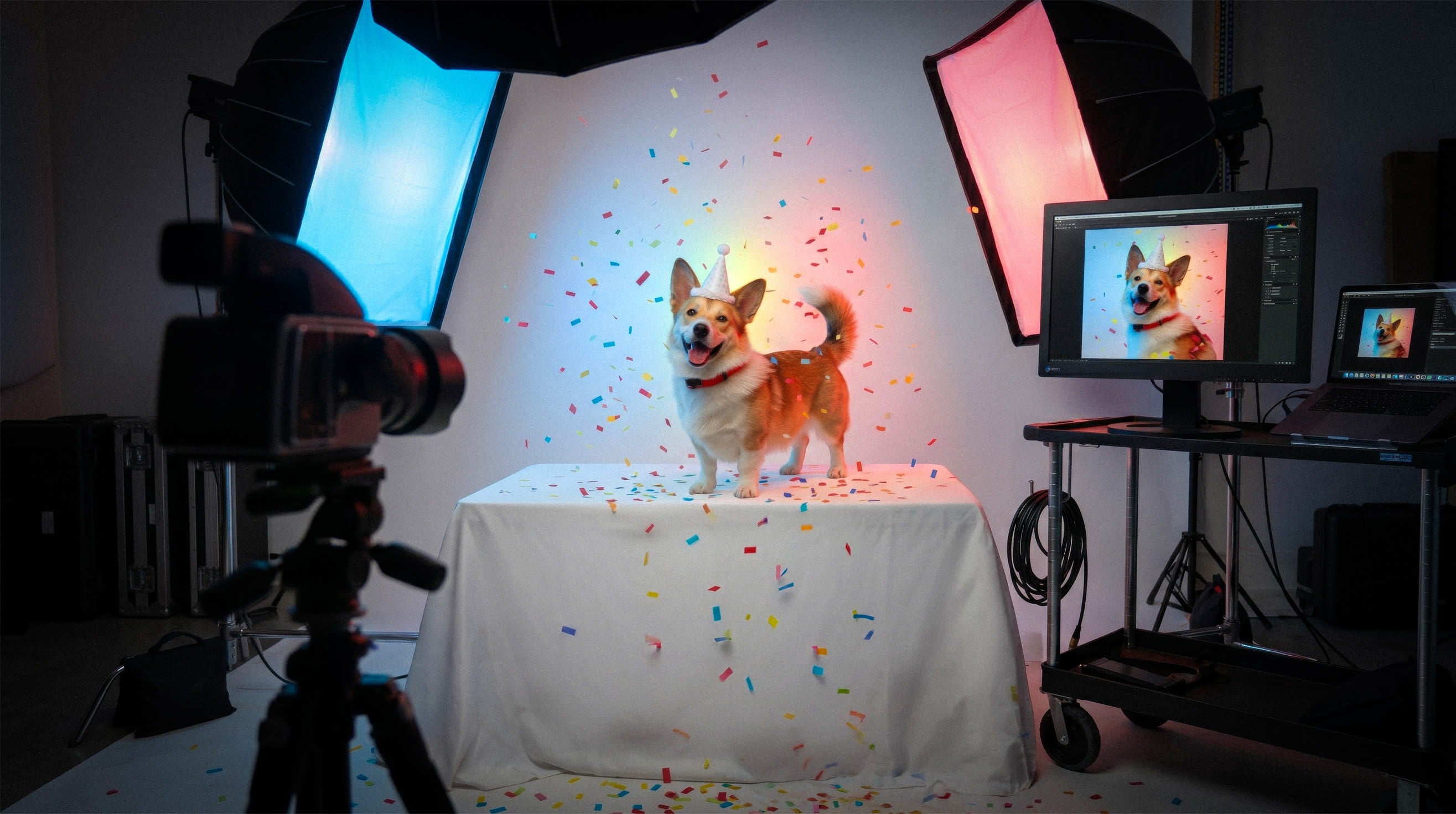 "The Birthday Studio" collection by YOUNI.ONE. A behind-the-scenes look at our bespoke pet portrait process, featuring a dog in a professional photography studio setting with festive confetti and lighting. Discover our latest collection curated to create gallery-quality custom pet art and make their special day last forever.
