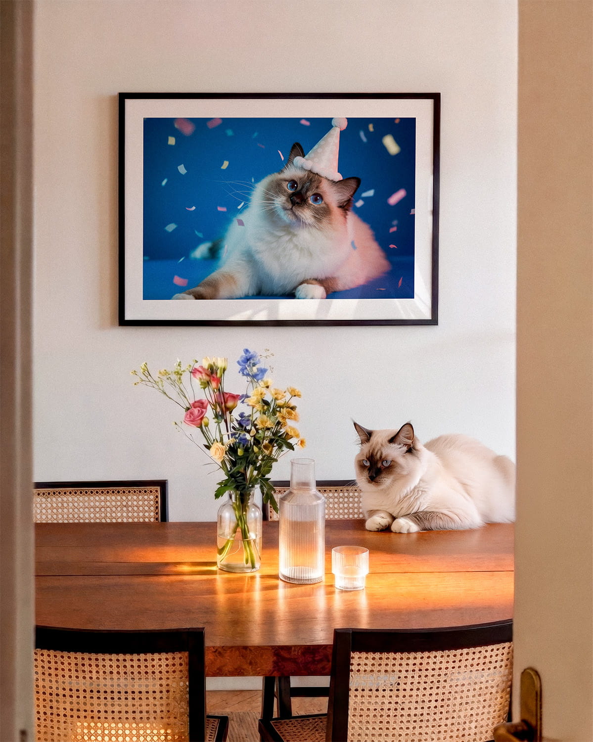 "The Gallery Wall" by YOUNI.ONE. A lifestyle display of a custom bespoke cat portrait, elegantly hanging in a modern dining room next to a real cat. A museum-grade statement piece designed to seamlessly blend with your home decor.
