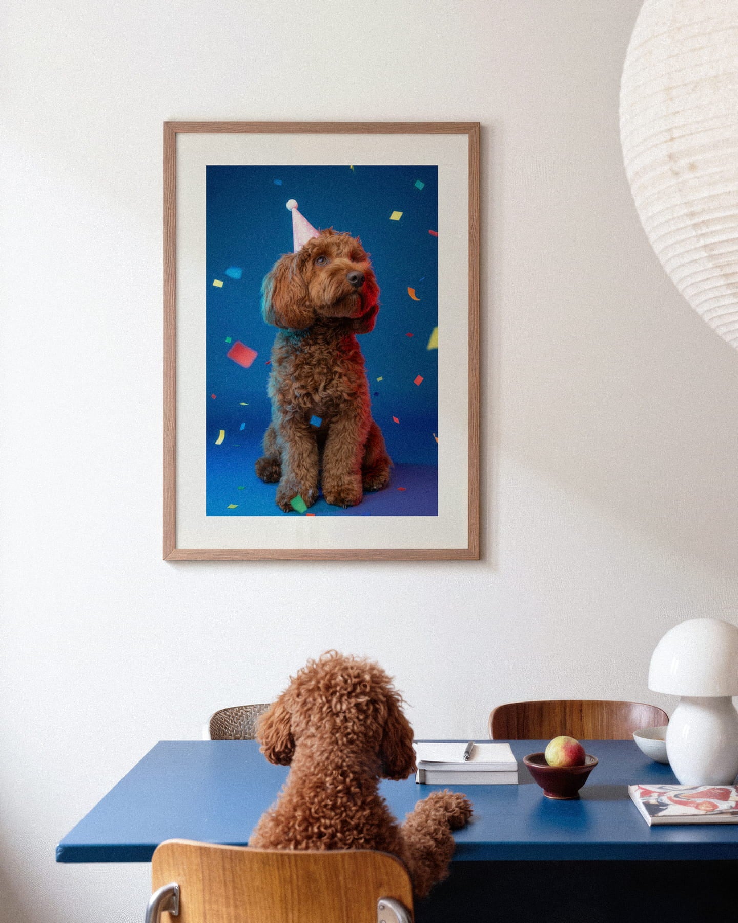 "The Gallery Wall" by YOUNI.ONE. A modern home styling mockup showing a custom bespoke brown poodle portrait in a light wood frame hanging above a dining table. Premium museum-grade pet art curated for pet lovers and stylish living spaces.