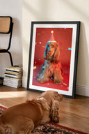"The Gallery Wall" by YOUNI.ONE. A modern home styling mockup showing a custom bespoke dog portrait in a black frame resting on the floor. Premium museum-grade pet art curated for pet lovers and stylish living spaces.